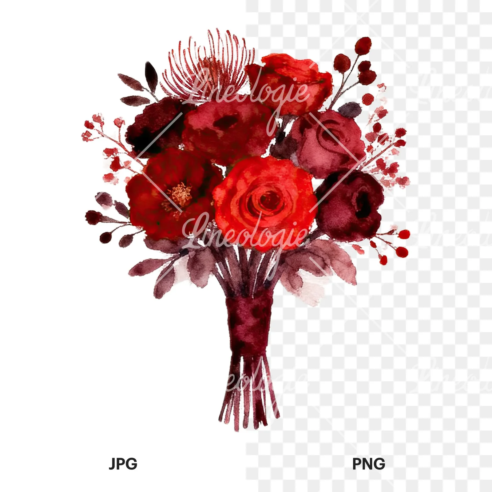 Watercolor red and burgundy wedding bouquet with ribbon clipart 5 of 9, as a JPG on white and a transparent PNG