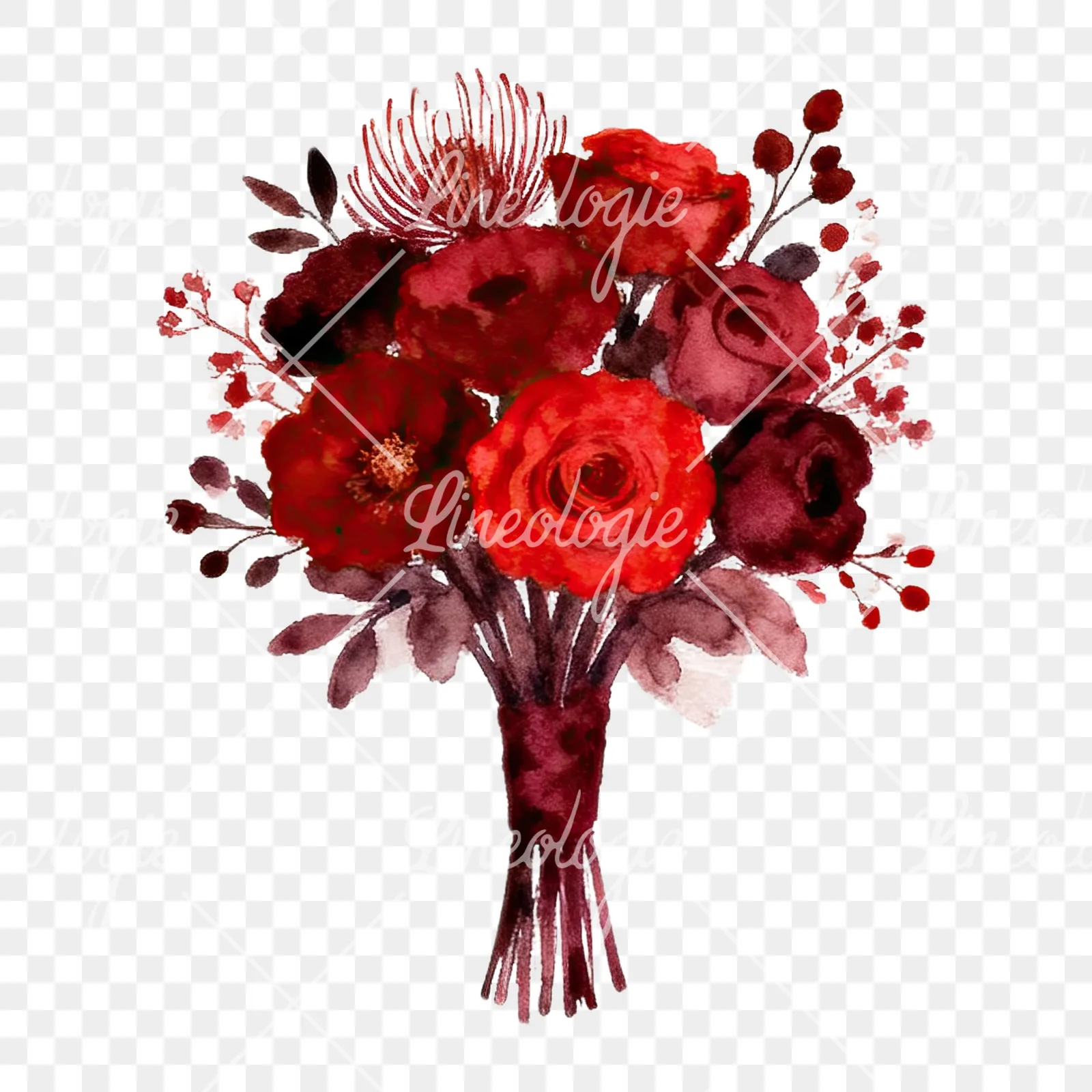 Watercolor red and burgundy wedding bouquet with ribbon clipart 5 of 9 on a transparent background (PNG)
