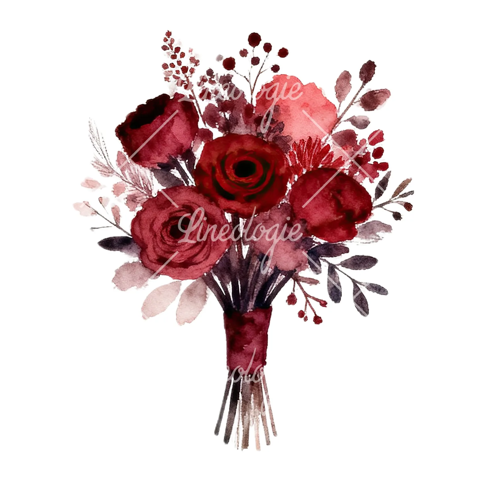 Watercolor red and burgundy wedding bouquet with ribbon clipart 6 of 9 on a white background (JPG)