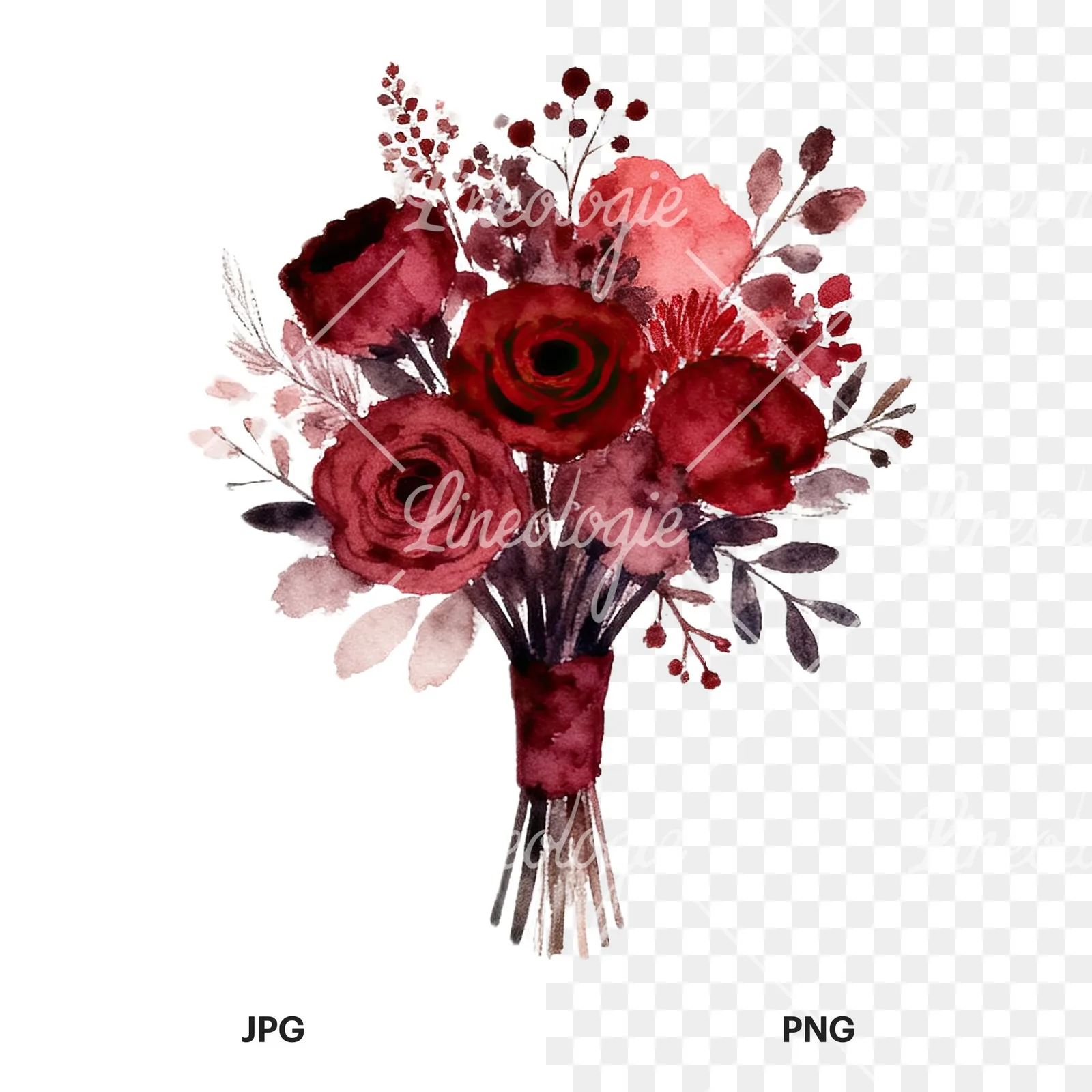 Watercolor red and burgundy wedding bouquet with ribbon clipart 6 of 9, as a JPG on white and a transparent PNG