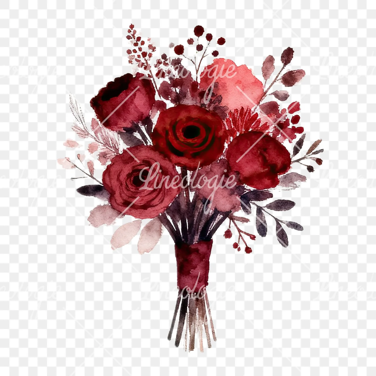 Watercolor red and burgundy wedding bouquet with ribbon clipart 6 of 9 on a transparent background (PNG)