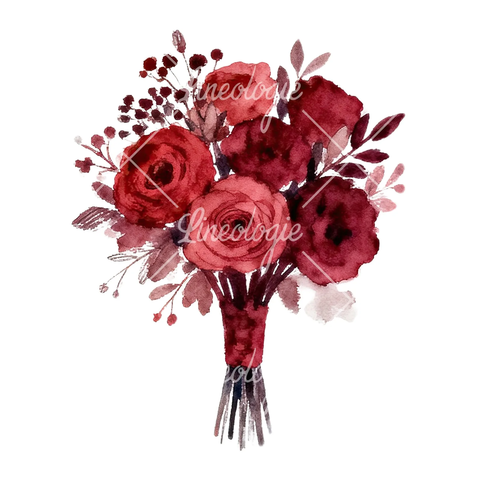Watercolor red and burgundy wedding bouquet with ribbon clipart 7 of 9 on a white background (JPG)