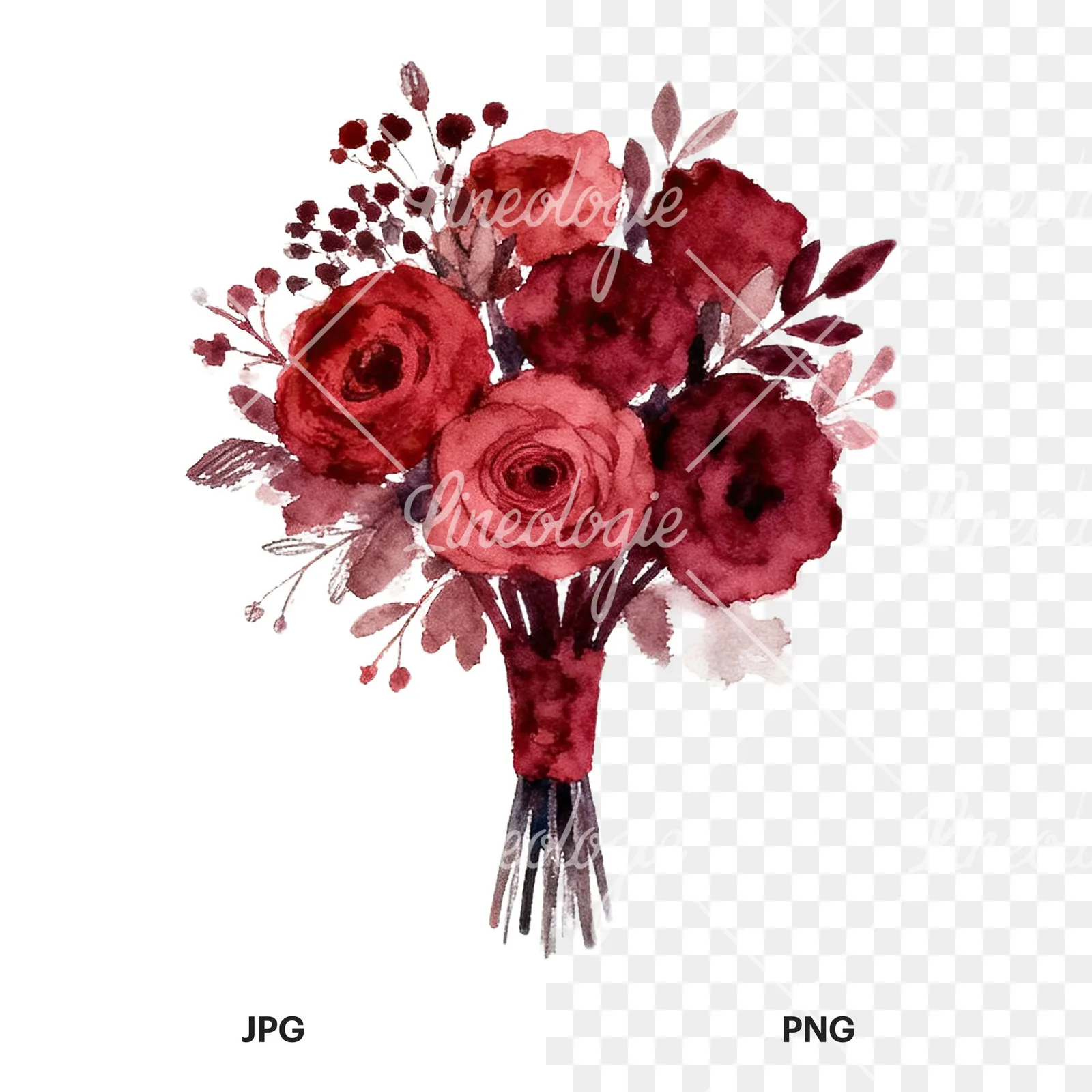 Watercolor red and burgundy wedding bouquet with ribbon clipart 7 of 9, as a JPG on white and a transparent PNG