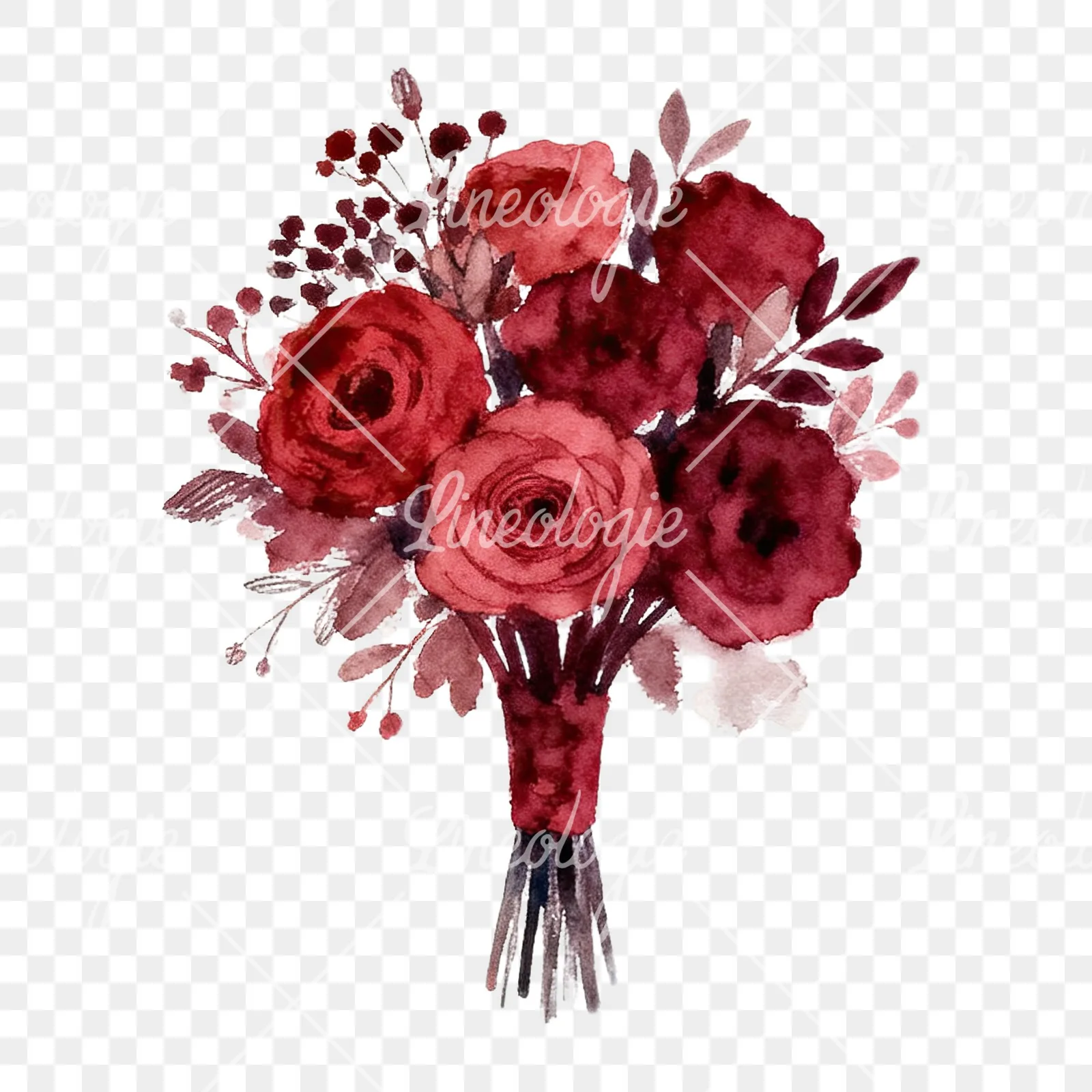 Watercolor red and burgundy wedding bouquet with ribbon clipart 7 of 9 on a transparent background (PNG)