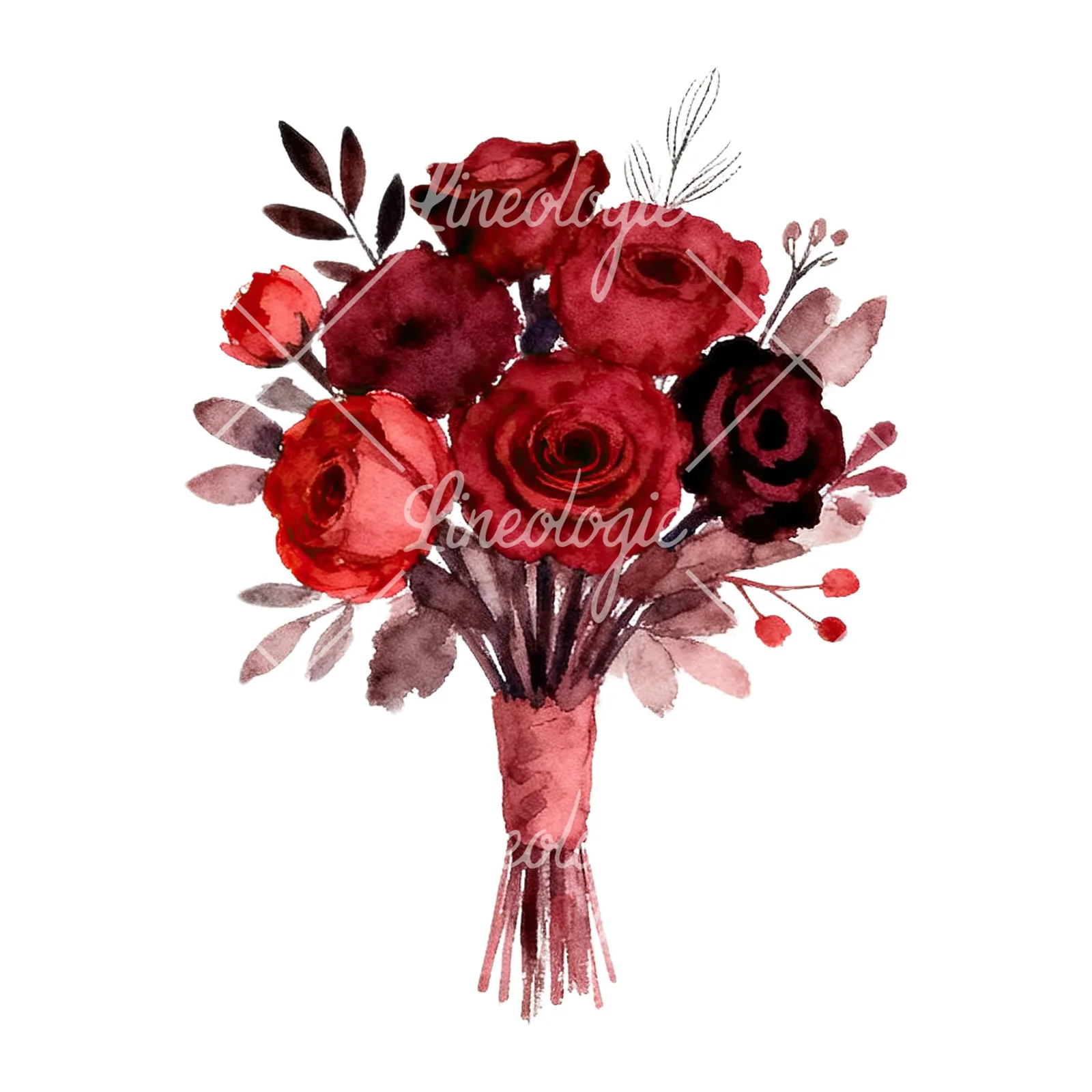 Watercolor red and burgundy wedding bouquet with ribbon clipart 8 of 9 on a white background (JPG)