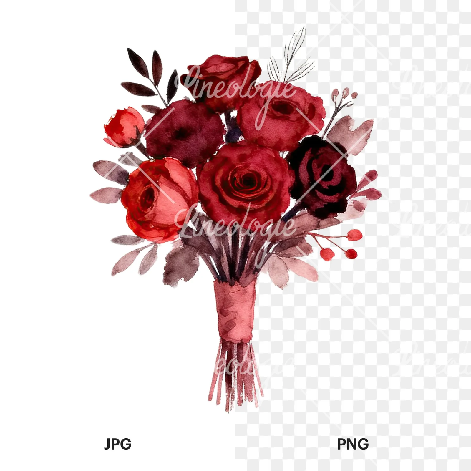 Watercolor red and burgundy wedding bouquet with ribbon clipart 8 of 9, as a JPG on white and a transparent PNG