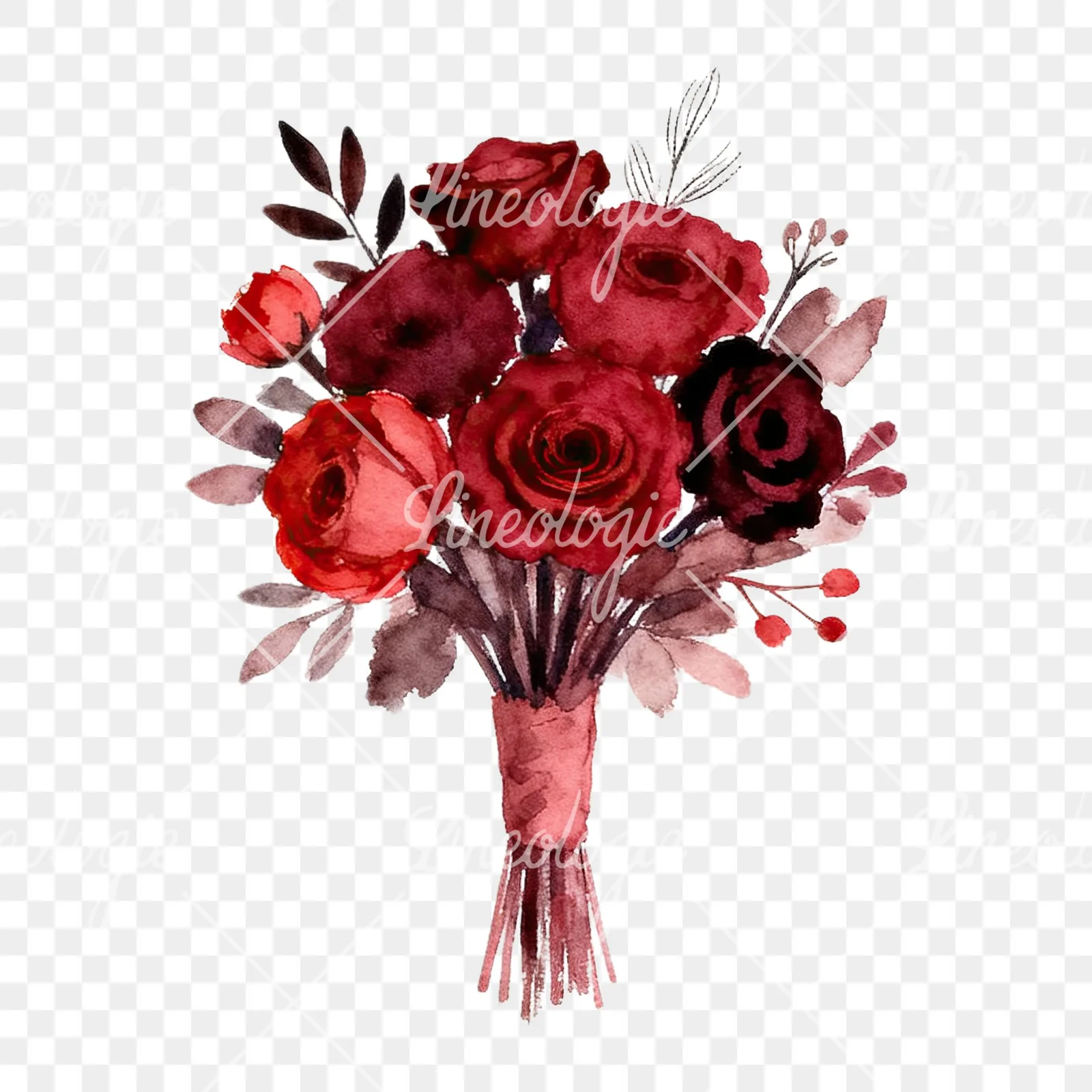 Watercolor red and burgundy wedding bouquet with ribbon clipart 8 of 9 on a transparent background (PNG)