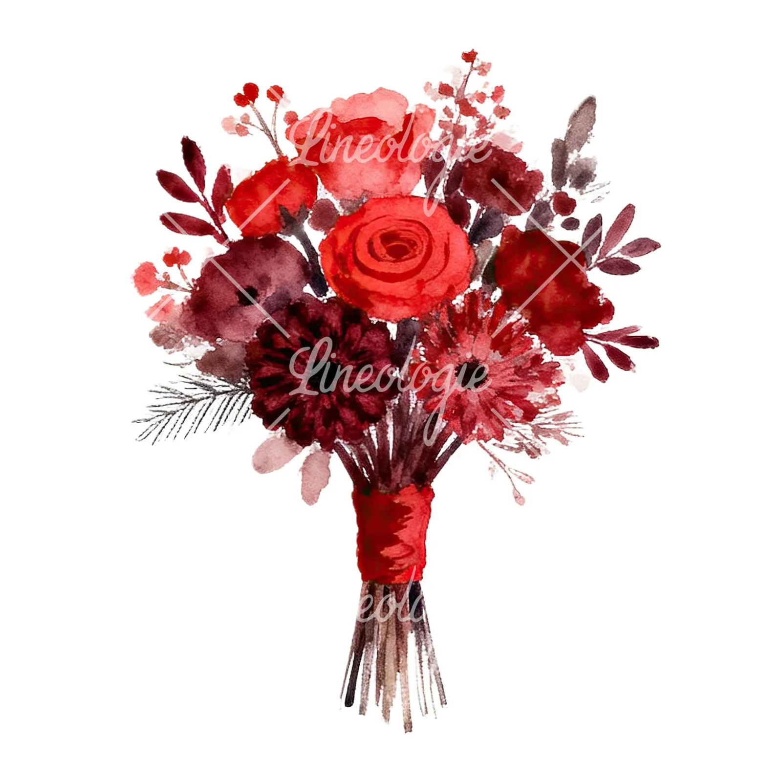 Watercolor red and burgundy wedding bouquet with ribbon clipart 9 of 9 on a white background (JPG)