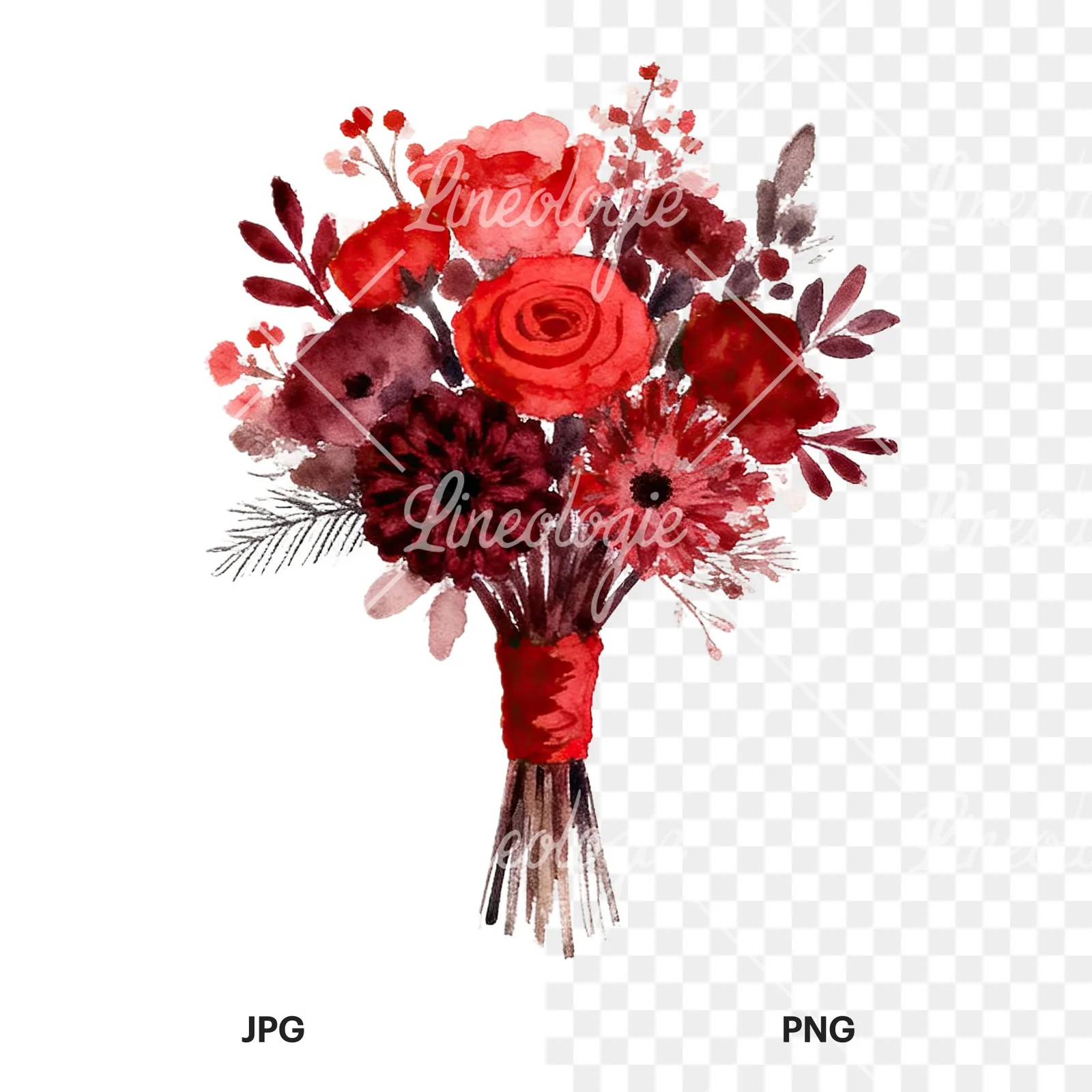Watercolor red and burgundy wedding bouquet with ribbon clipart 9 of 9, as a JPG on white and a transparent PNG