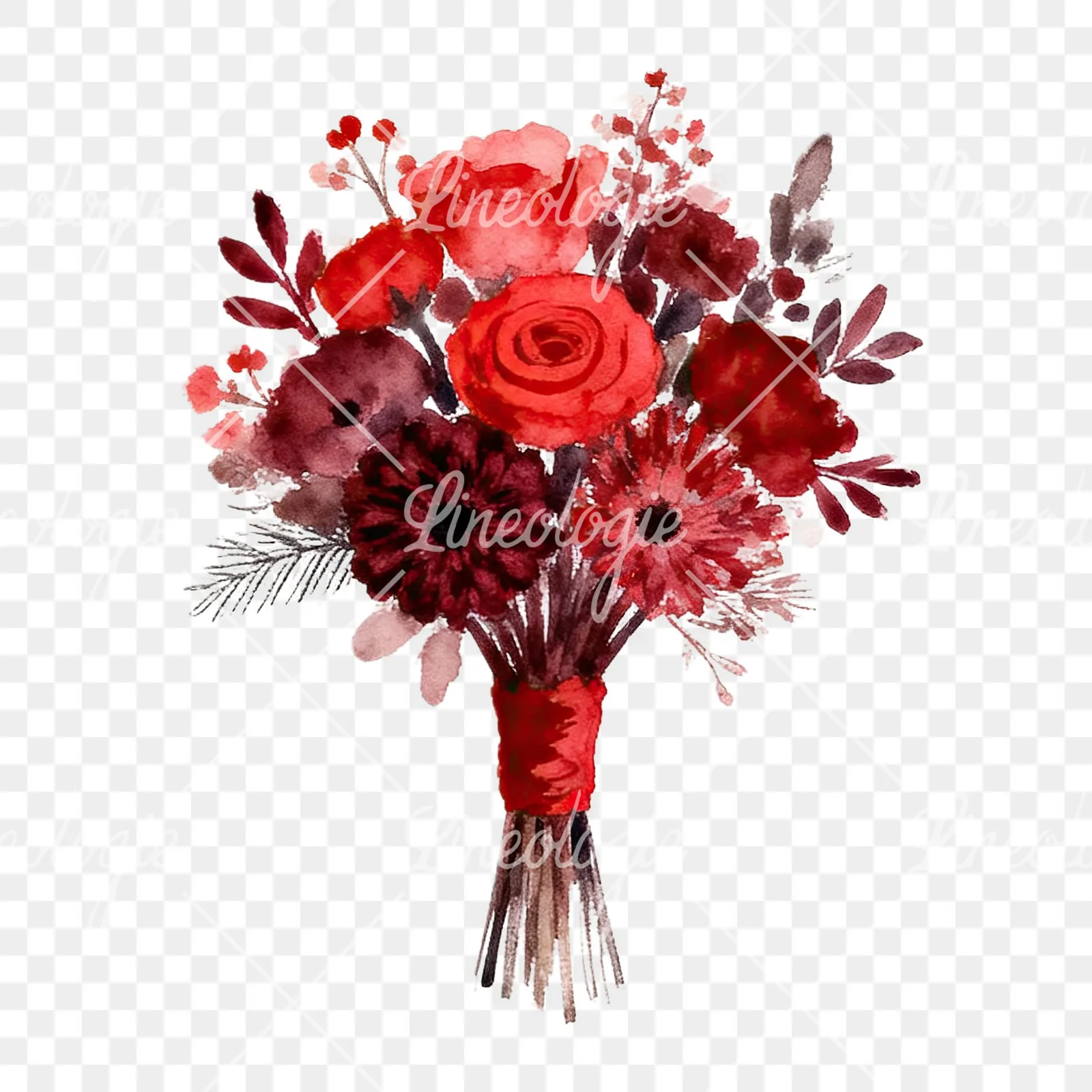 Watercolor red and burgundy wedding bouquet with ribbon clipart 9 of 9 on a transparent background (PNG)