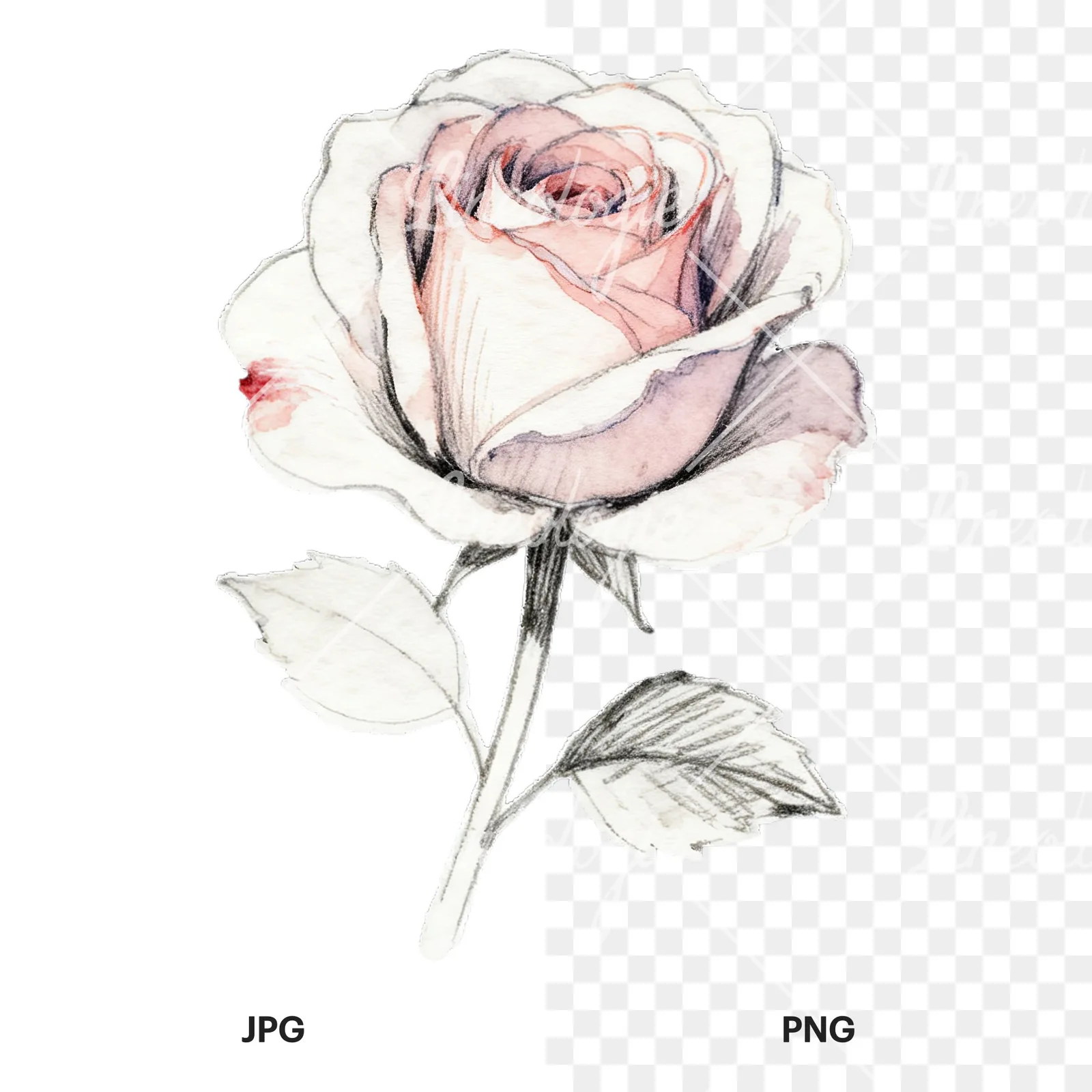 Watercolor roses pastel clipart 2 of 9, as a JPG on white and a transparent PNG