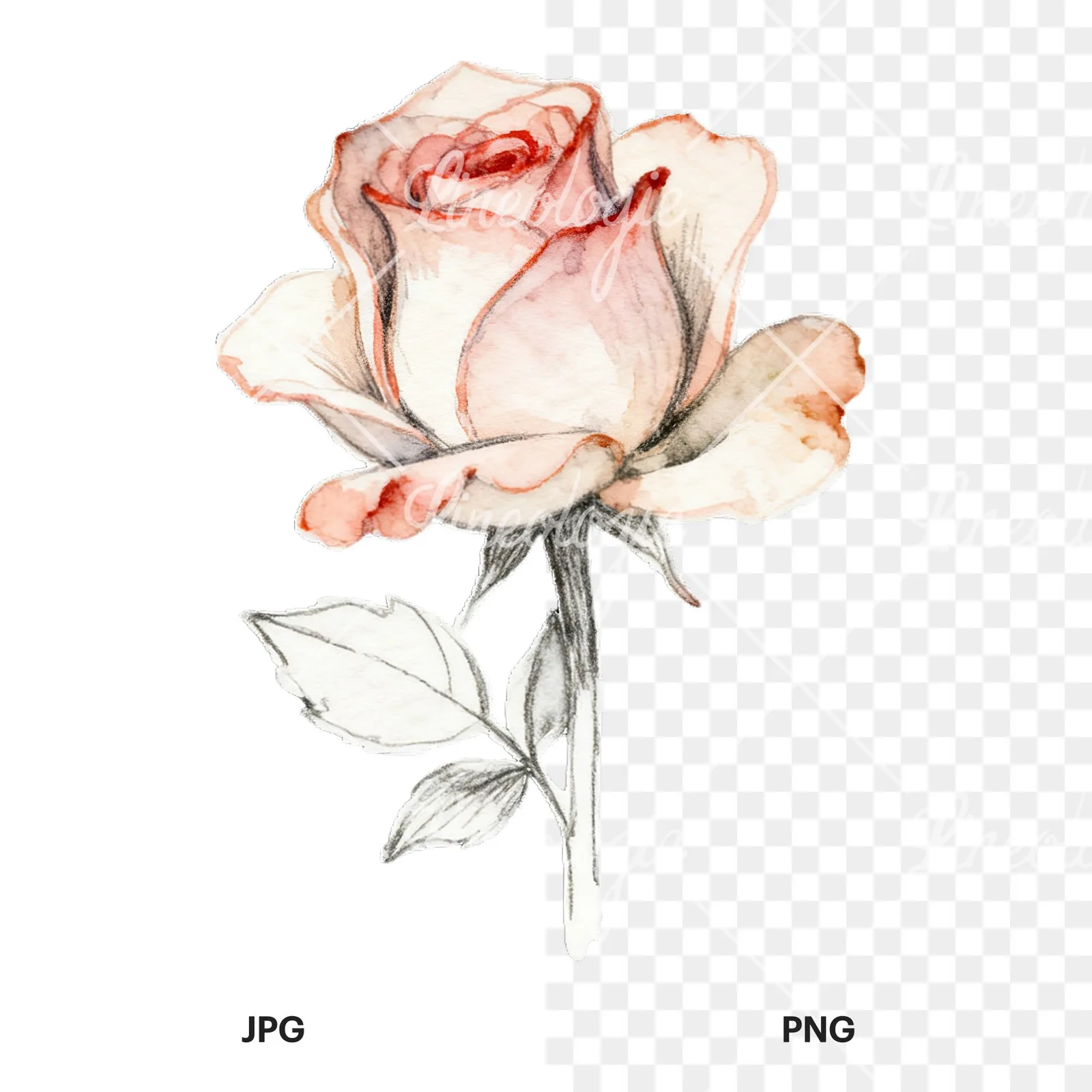 Watercolor roses pastel clipart 4 of 9, as a JPG on white and a transparent PNG
