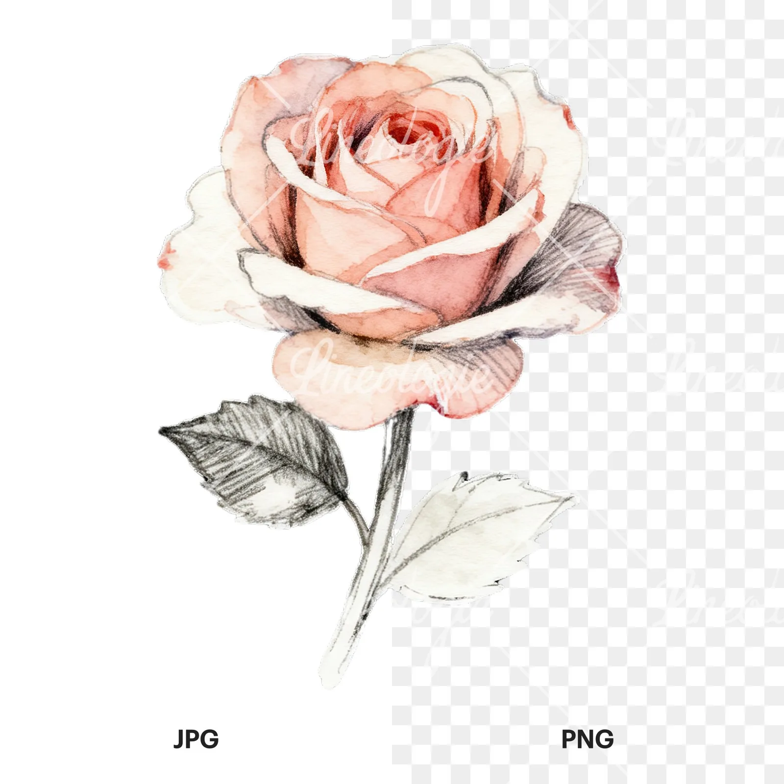 Watercolor roses pastel clipart 5 of 9, as a JPG on white and a transparent PNG