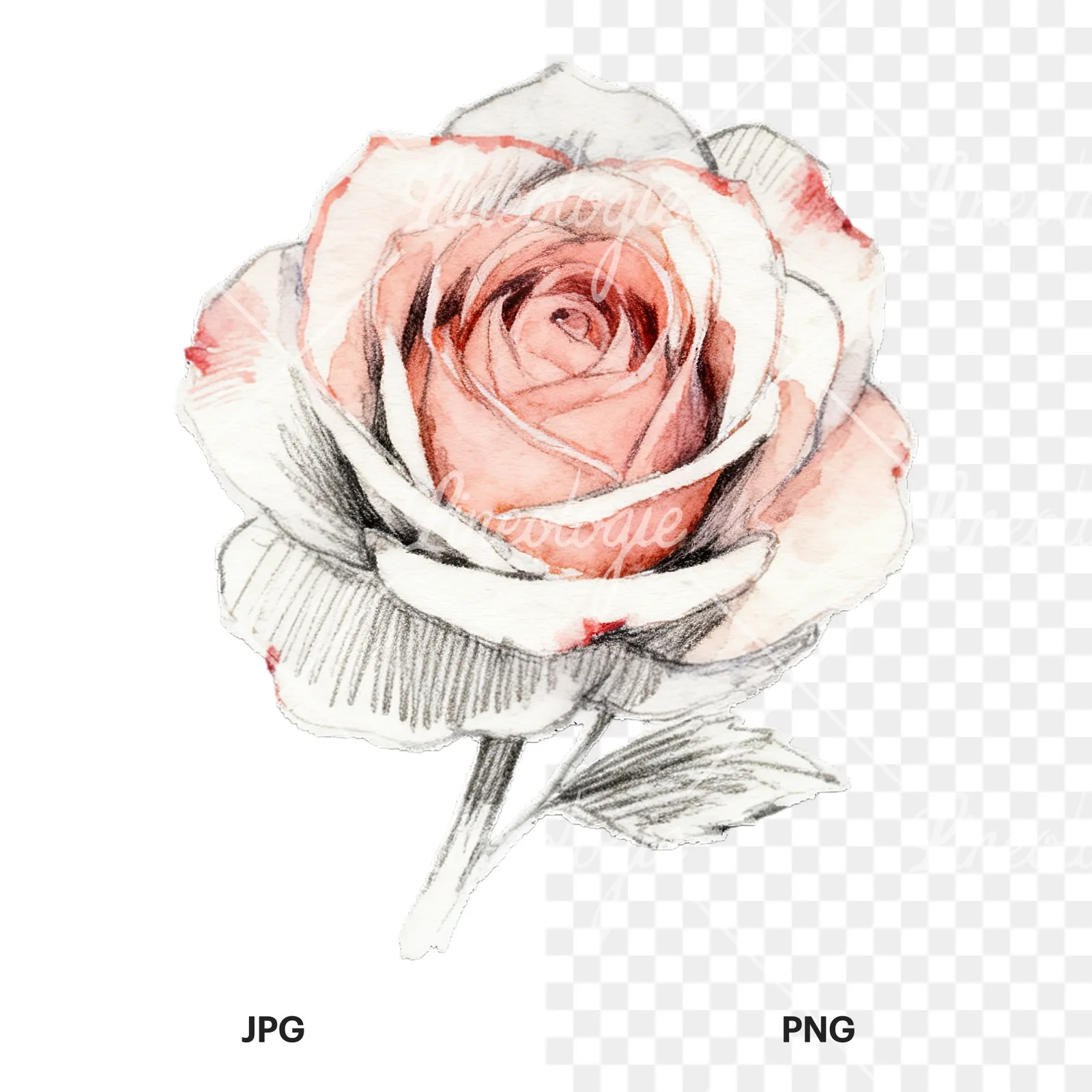 Watercolor roses pastel clipart 8 of 9, as a JPG on white and a transparent PNG