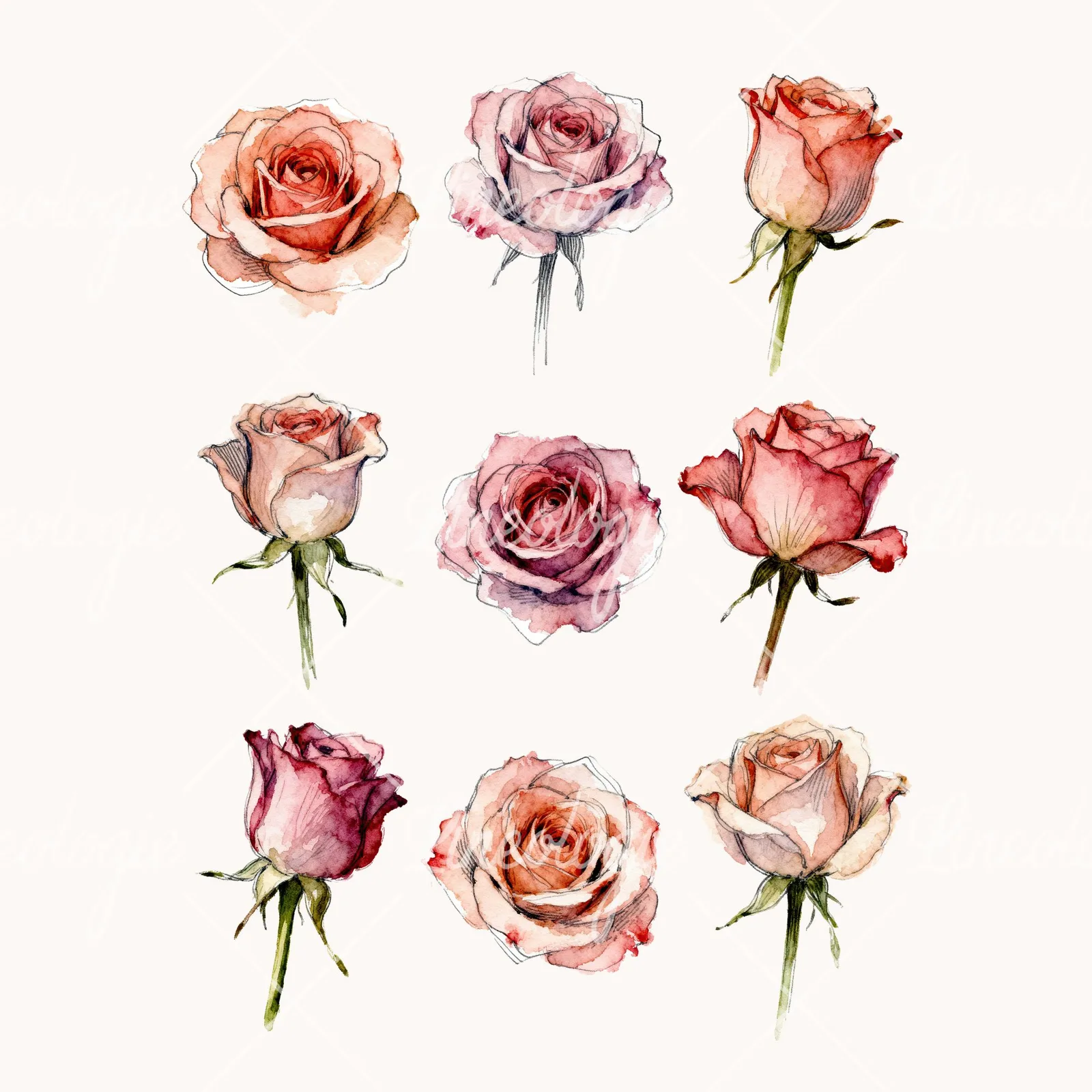 Watercolor Roses Set Clipart, all 9 illustrations in the pack