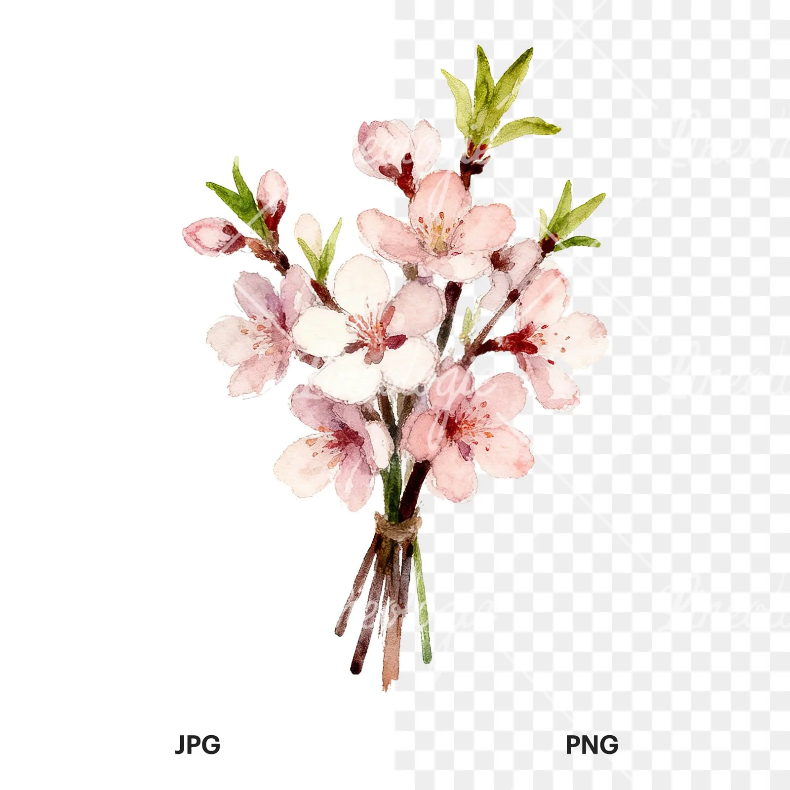 Watercolor spring flower bouquet clipart 1 of 9, as a JPG on white and a transparent PNG
