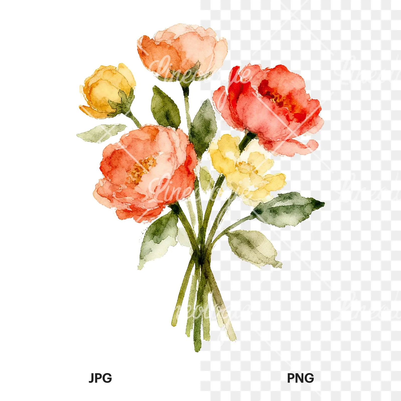 Watercolor spring flower bouquet clipart 2 of 9, as a JPG on white and a transparent PNG