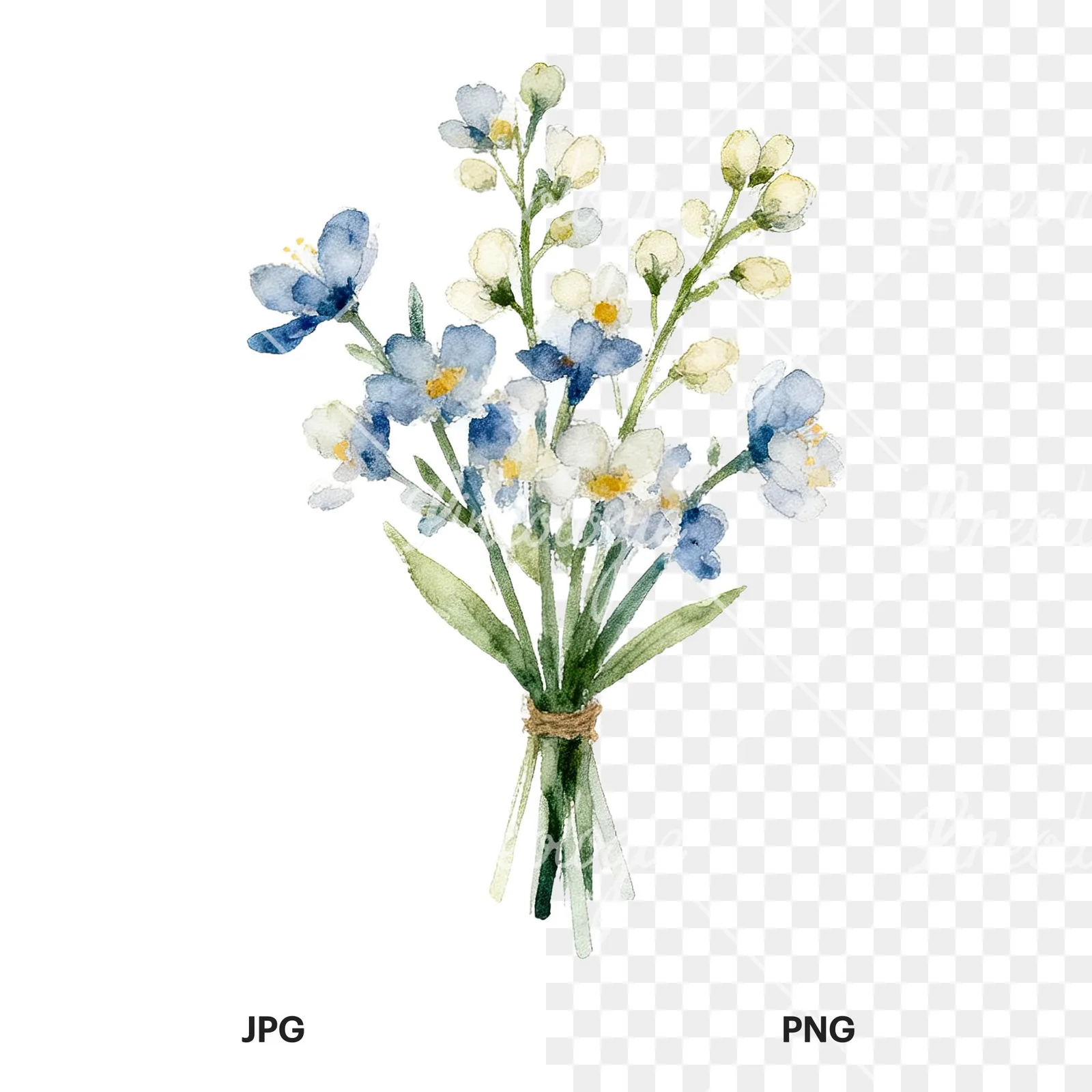 Watercolor spring flower bouquet clipart 3 of 9, as a JPG on white and a transparent PNG