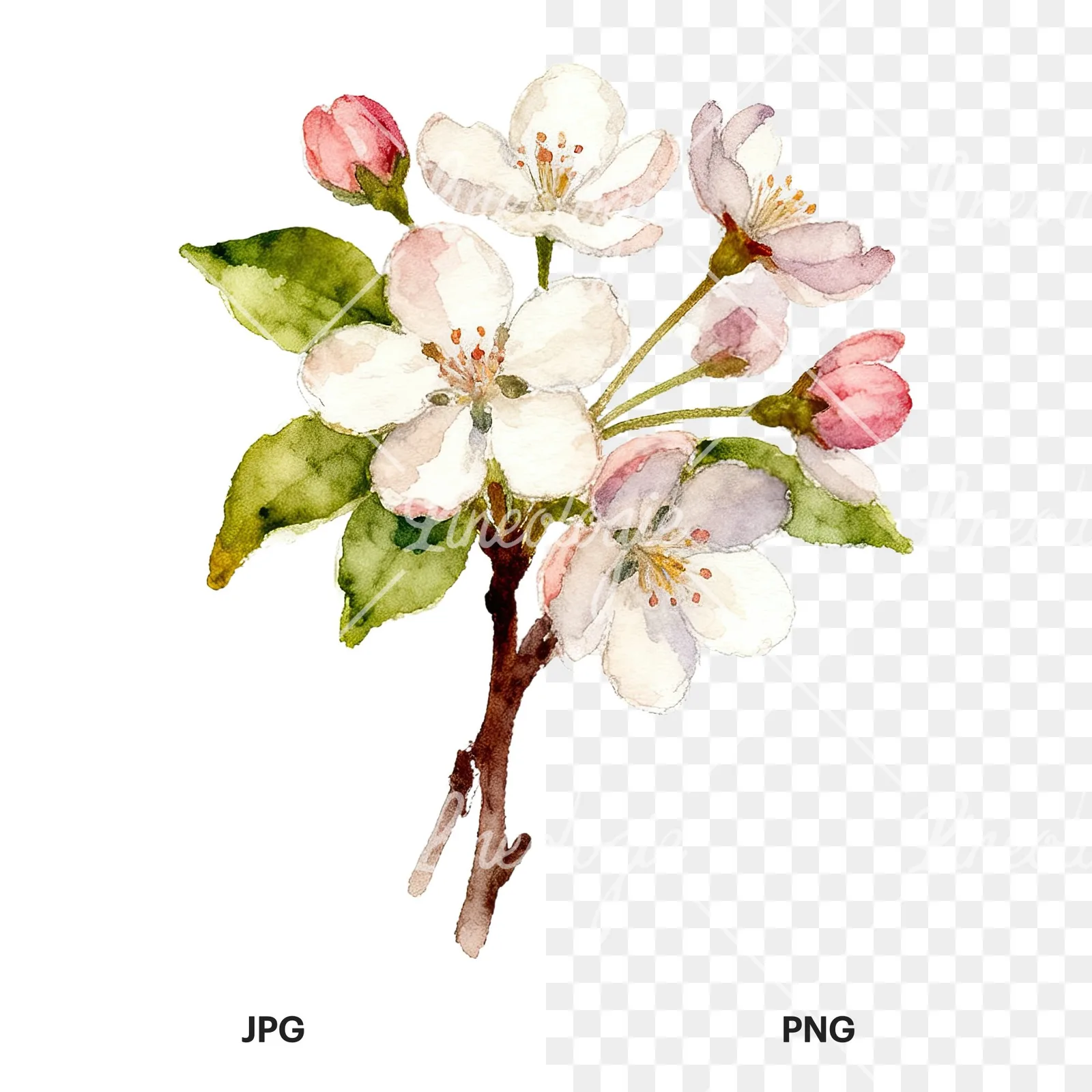 Watercolor spring flower bouquet clipart 4 of 9, as a JPG on white and a transparent PNG