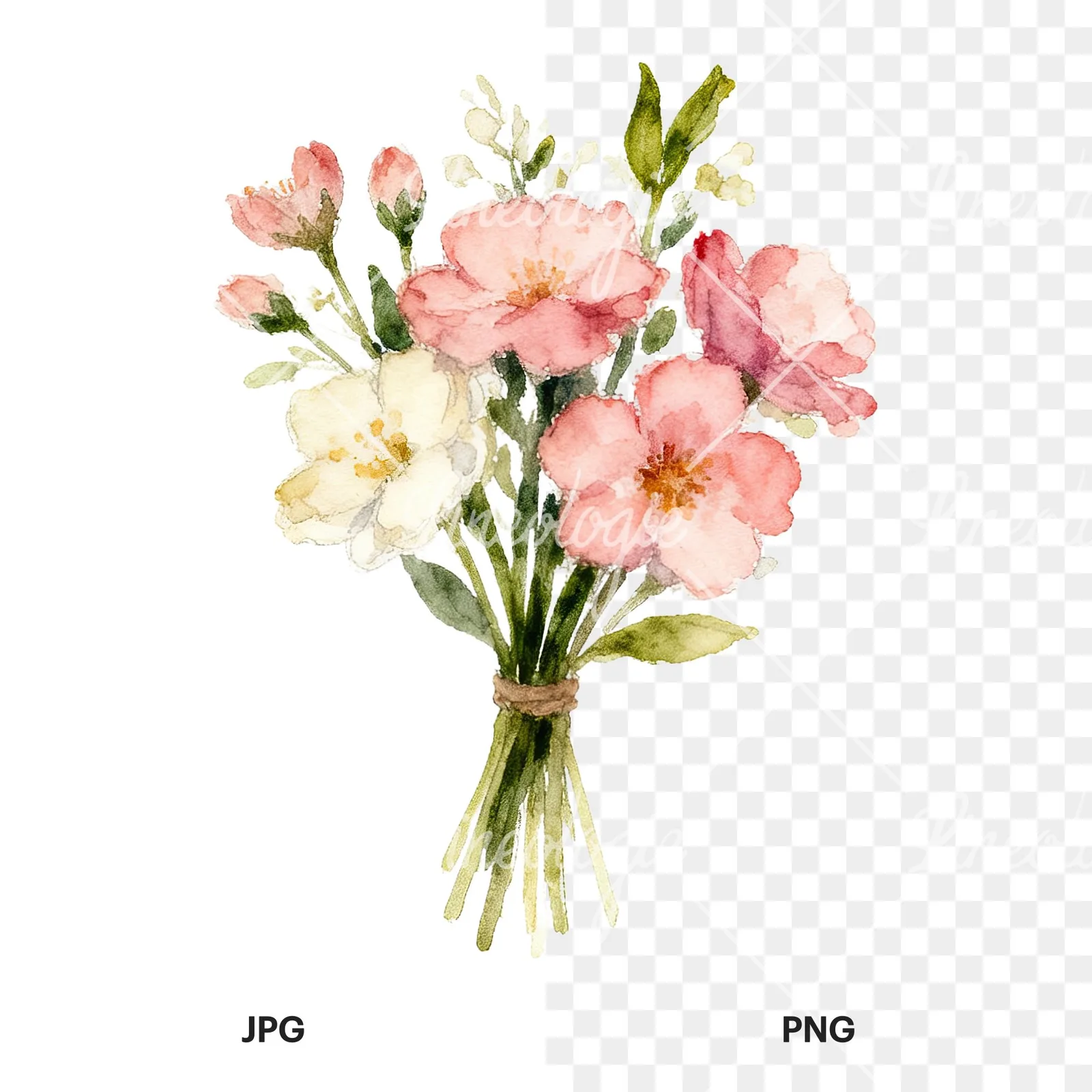 Watercolor spring flower bouquet clipart 6 of 9, as a JPG on white and a transparent PNG