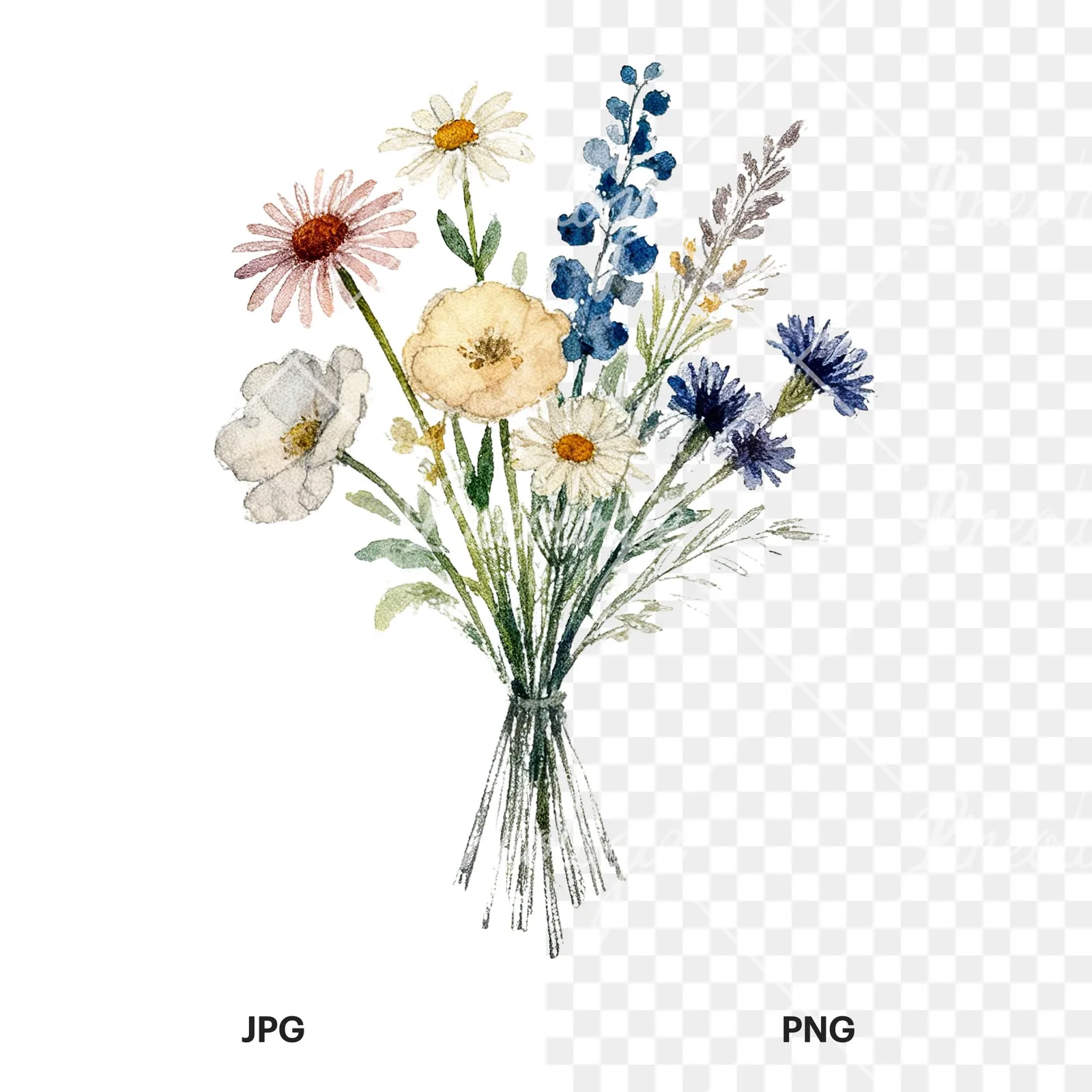 Watercolor loose summer meadow bouquet clipart 1 of 9, as a JPG on white and a transparent PNG