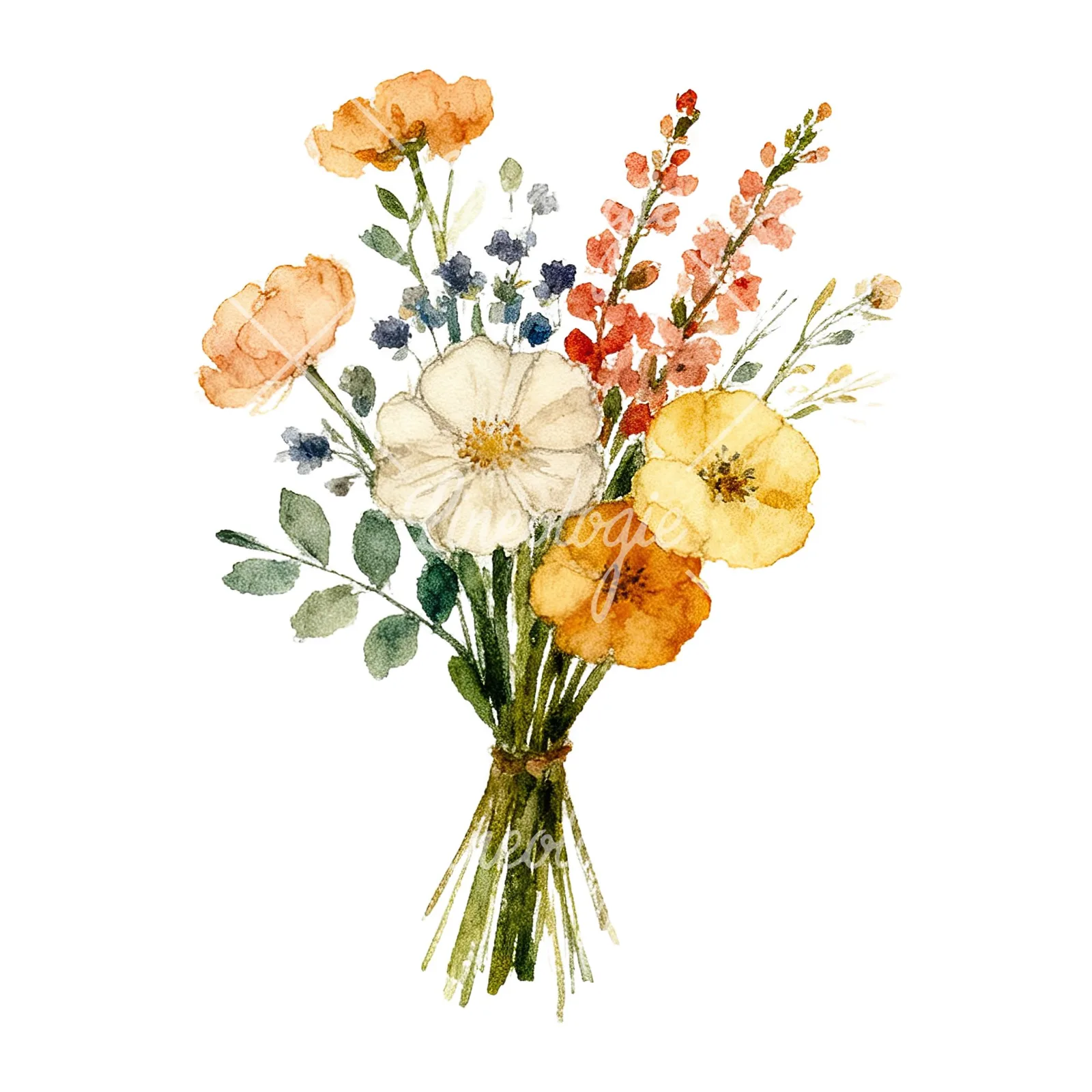 Watercolor loose summer meadow bouquet clipart 2 of 9 on a white background (JPG)
