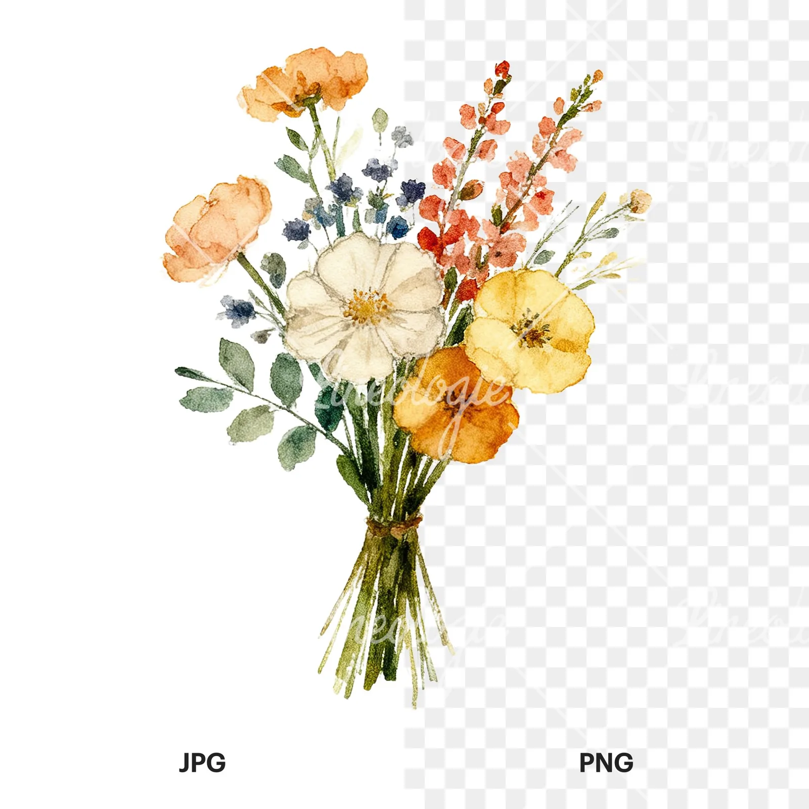 Watercolor loose summer meadow bouquet clipart 2 of 9, as a JPG on white and a transparent PNG