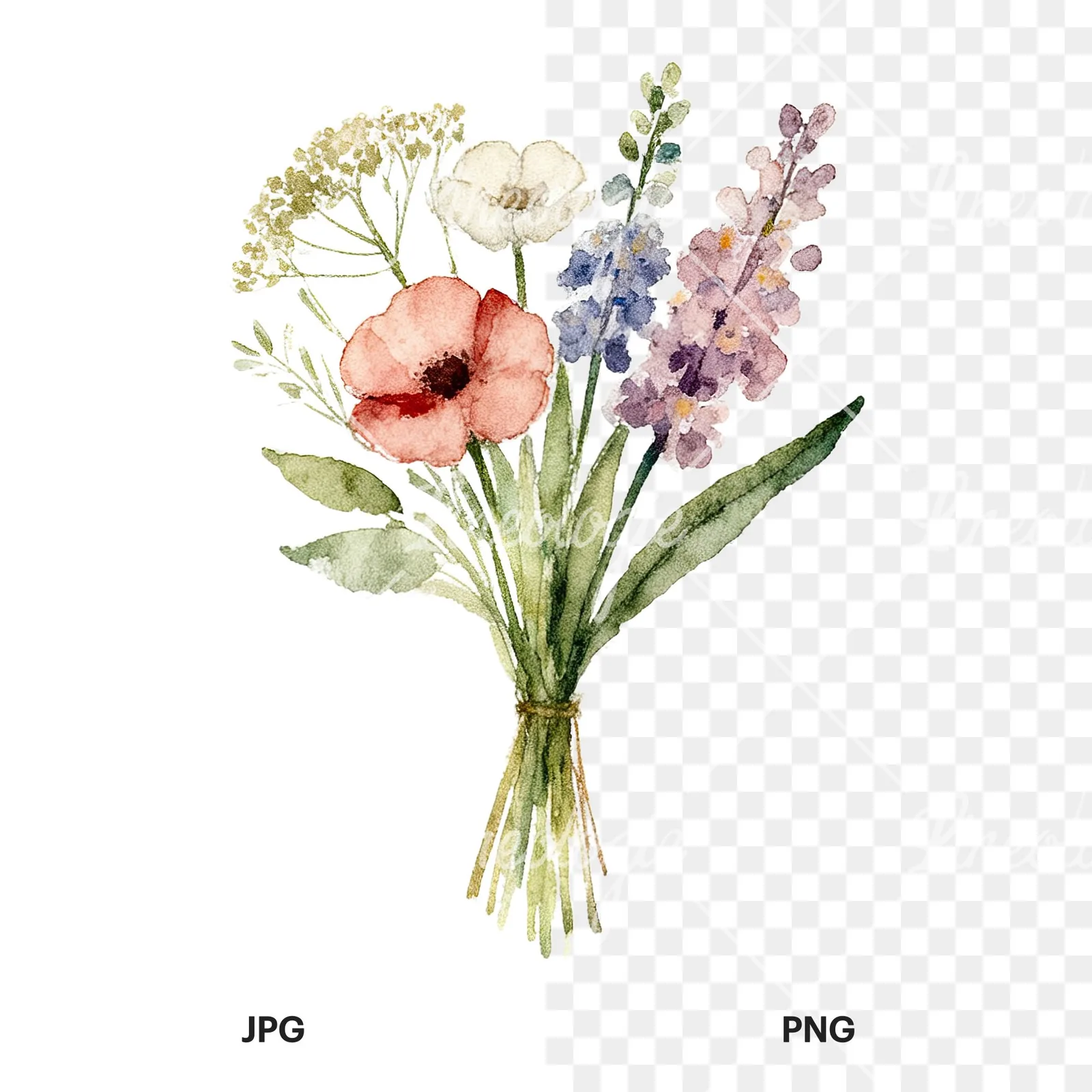 Watercolor loose summer meadow bouquet clipart 3 of 9, as a JPG on white and a transparent PNG