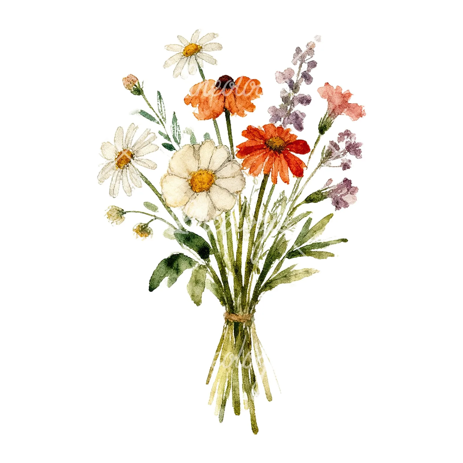 Watercolor loose summer meadow bouquet clipart 4 of 9 on a white background (JPG)
