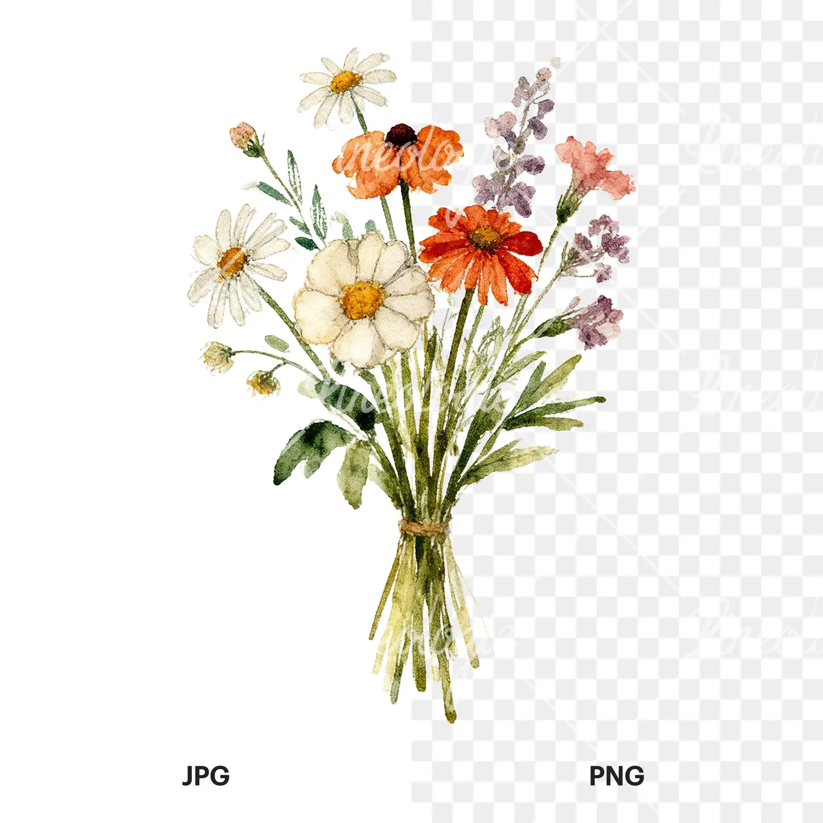 Watercolor loose summer meadow bouquet clipart 4 of 9, as a JPG on white and a transparent PNG