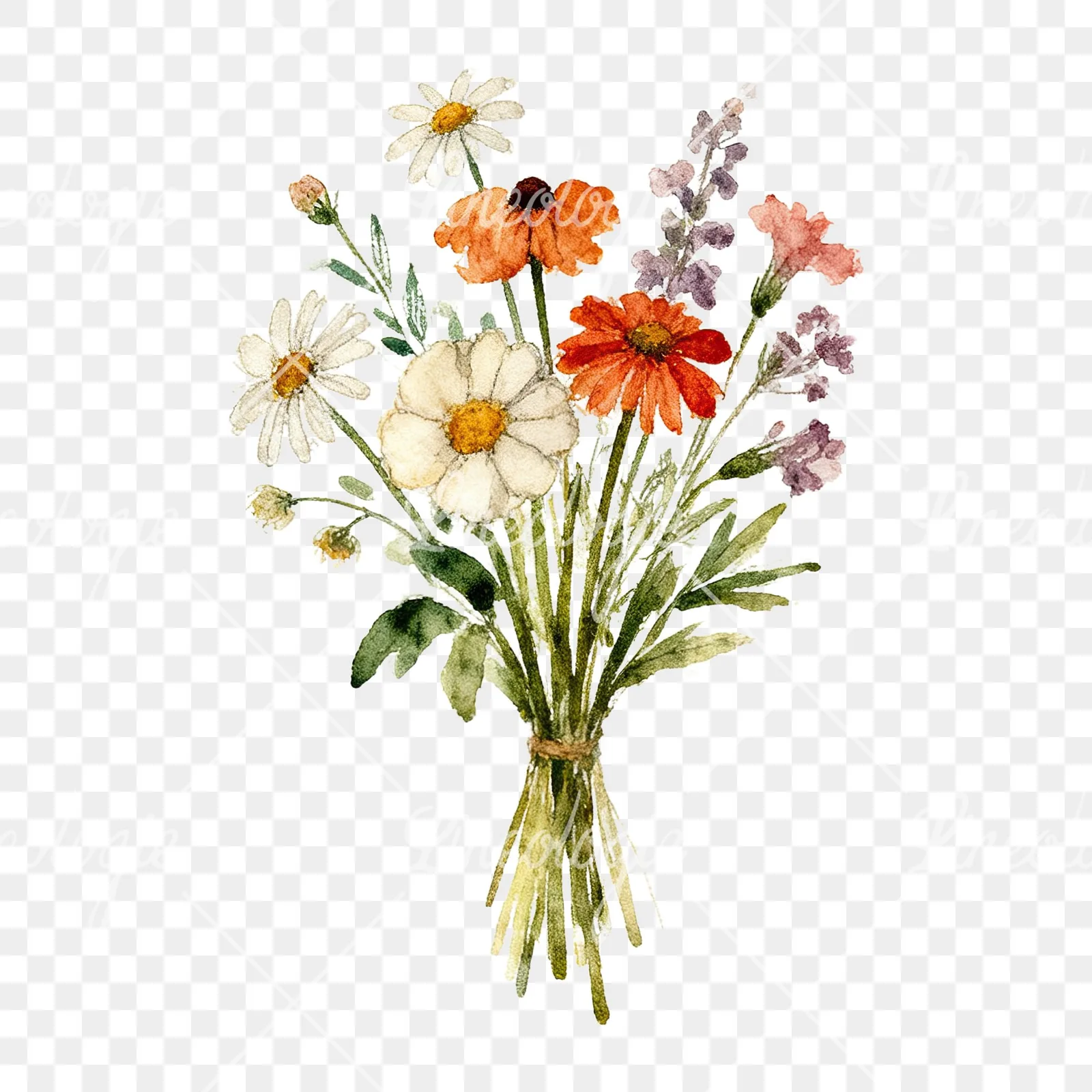 Watercolor loose summer meadow bouquet clipart 4 of 9 on a transparent background (PNG)