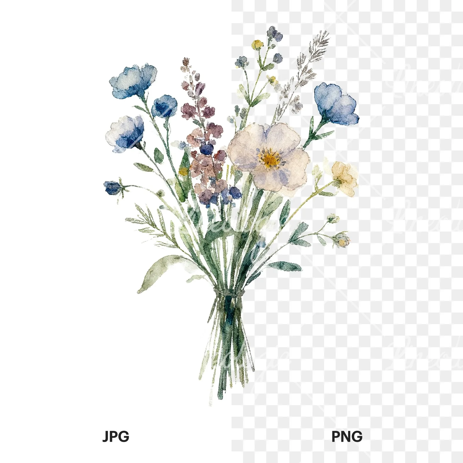 Watercolor loose summer meadow bouquet clipart 5 of 9, as a JPG on white and a transparent PNG