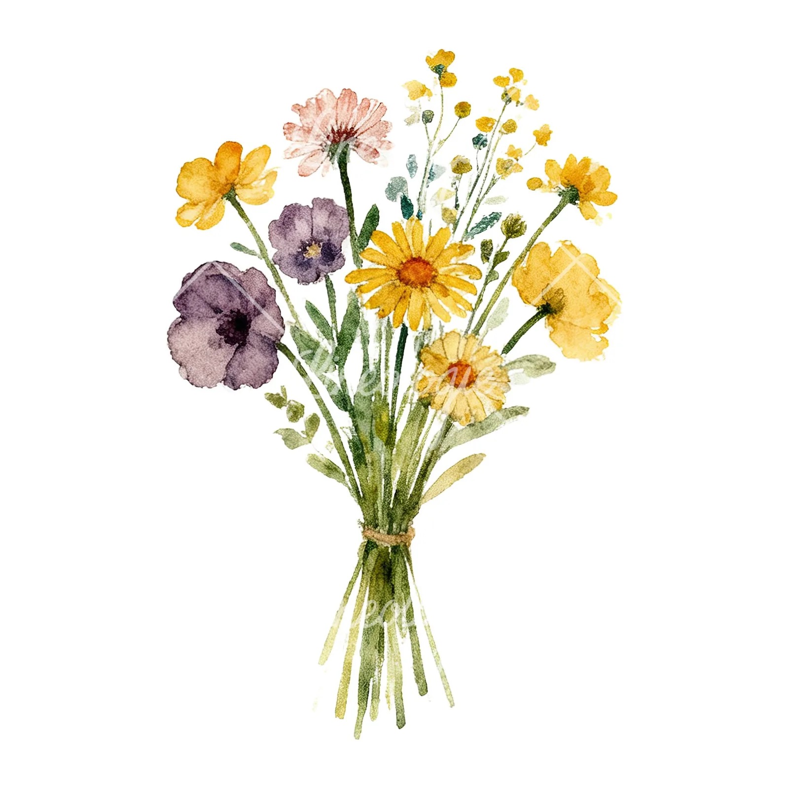 Watercolor loose summer meadow bouquet clipart 6 of 9 on a white background (JPG)
