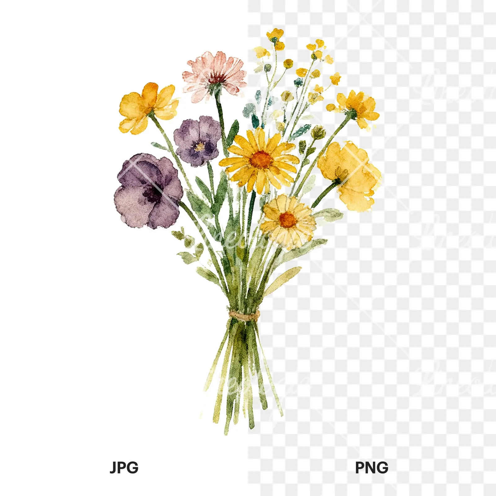Watercolor loose summer meadow bouquet clipart 6 of 9, as a JPG on white and a transparent PNG