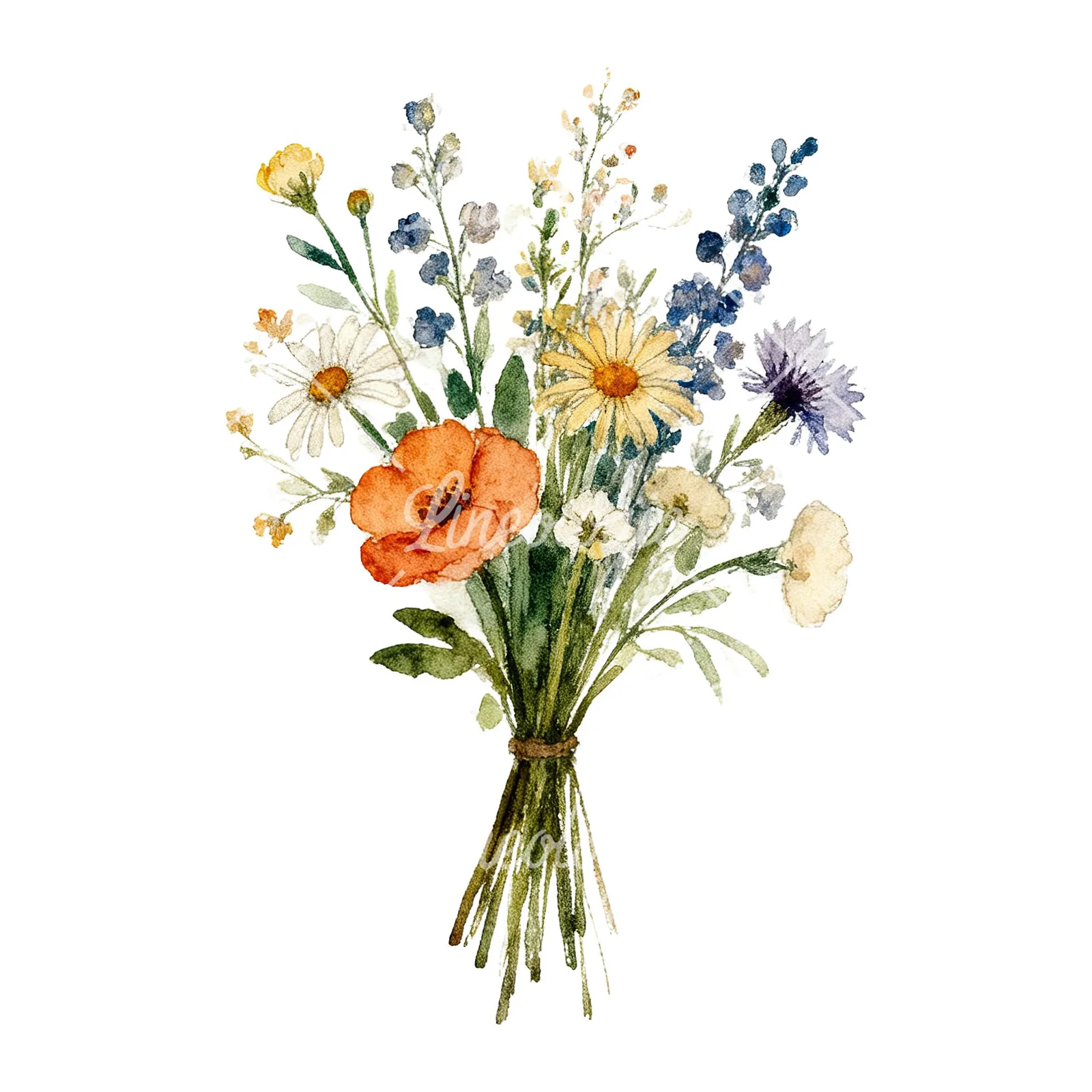 Watercolor loose summer meadow bouquet clipart 7 of 9 on a white background (JPG)