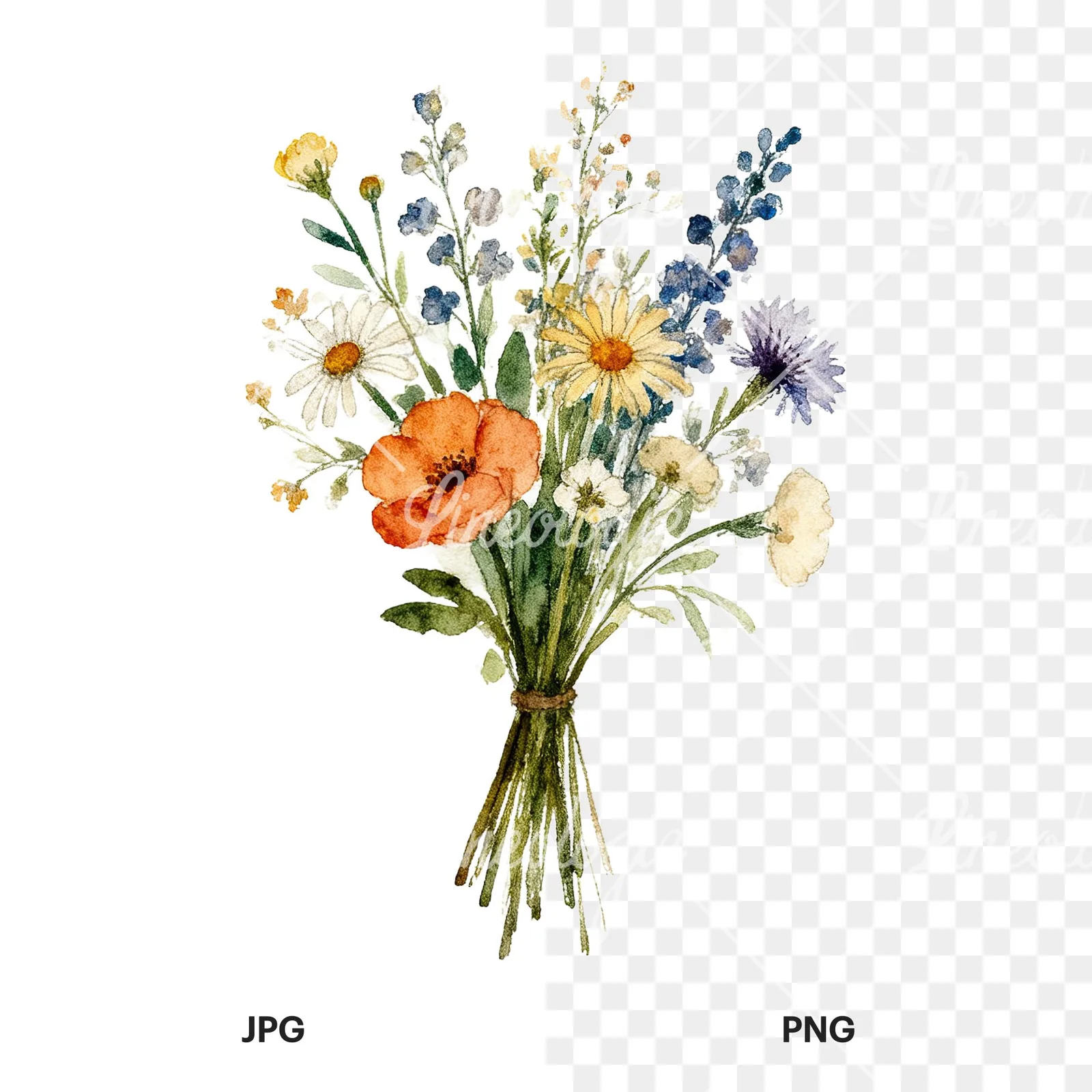 Watercolor loose summer meadow bouquet clipart 7 of 9, as a JPG on white and a transparent PNG
