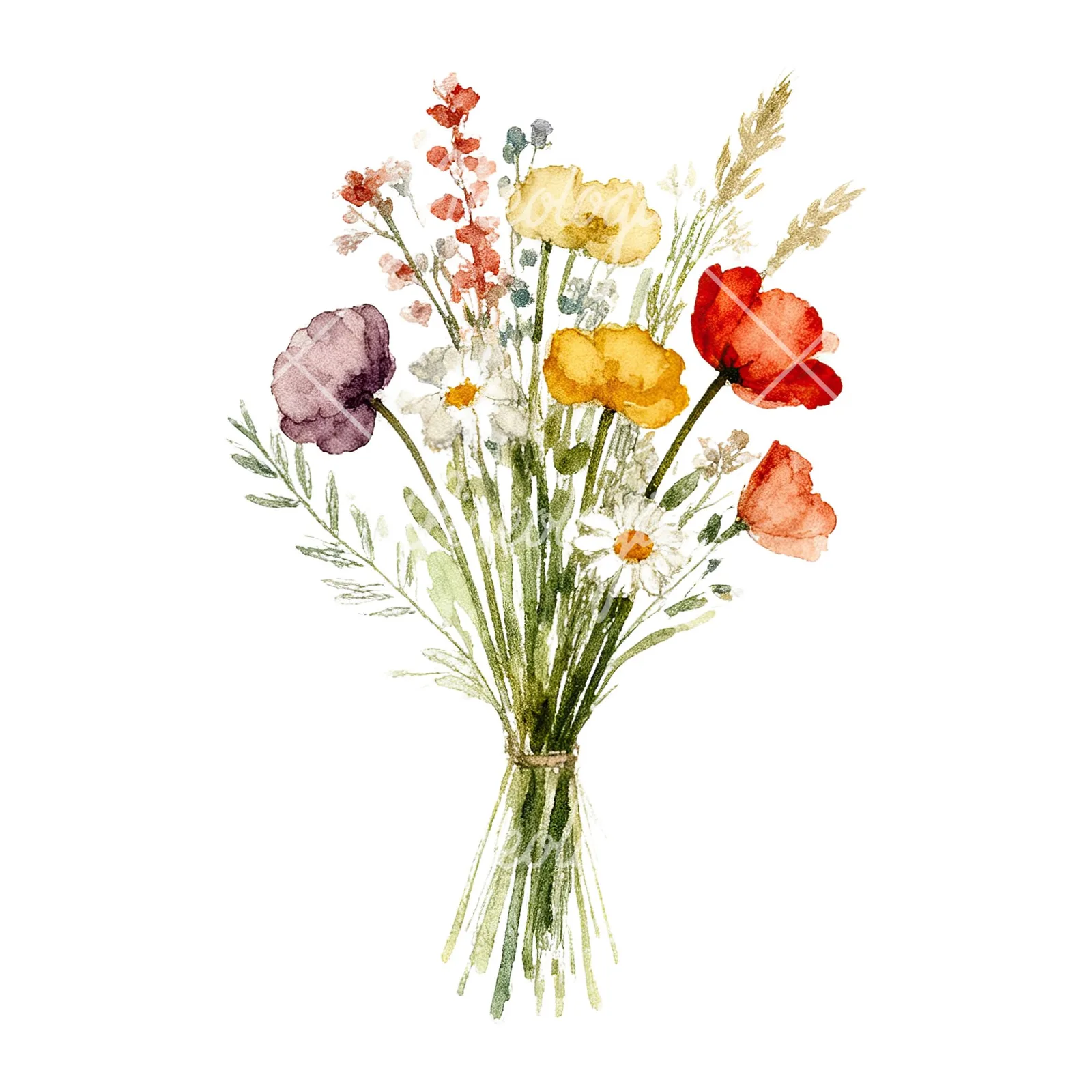Watercolor loose summer meadow bouquet clipart 8 of 9 on a white background (JPG)