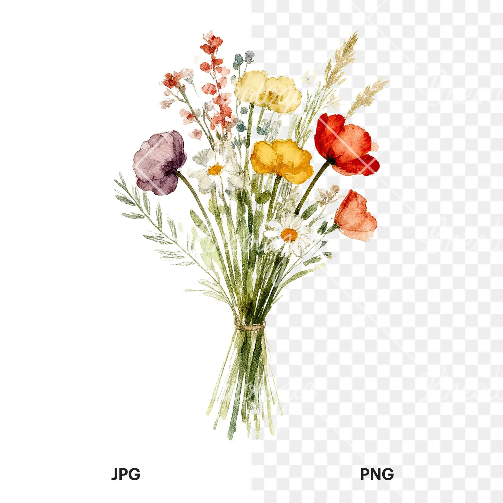 Watercolor loose summer meadow bouquet clipart 8 of 9, as a JPG on white and a transparent PNG
