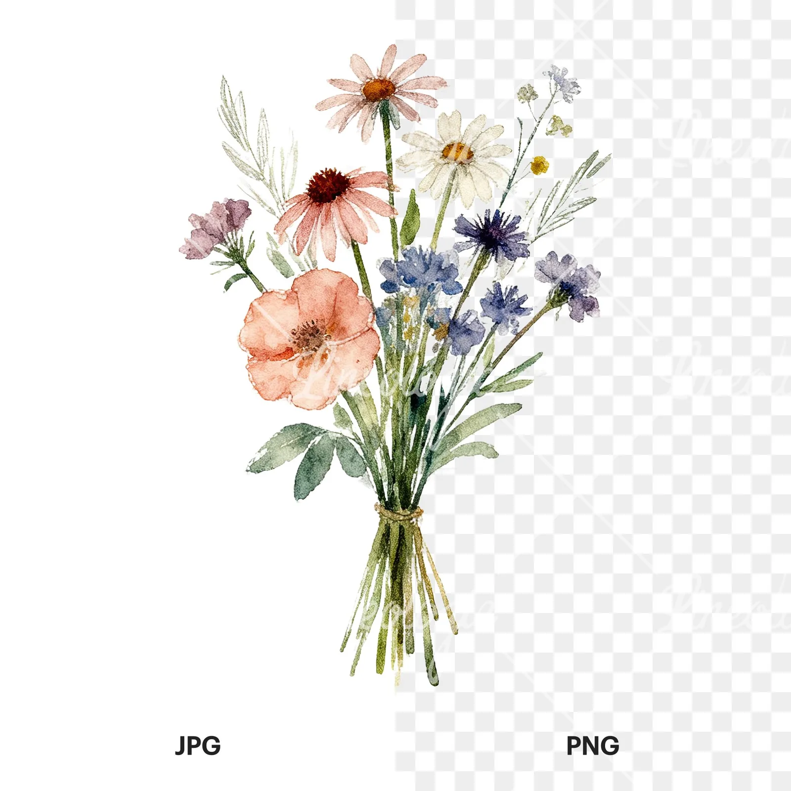 Watercolor loose summer meadow bouquet clipart 9 of 9, as a JPG on white and a transparent PNG