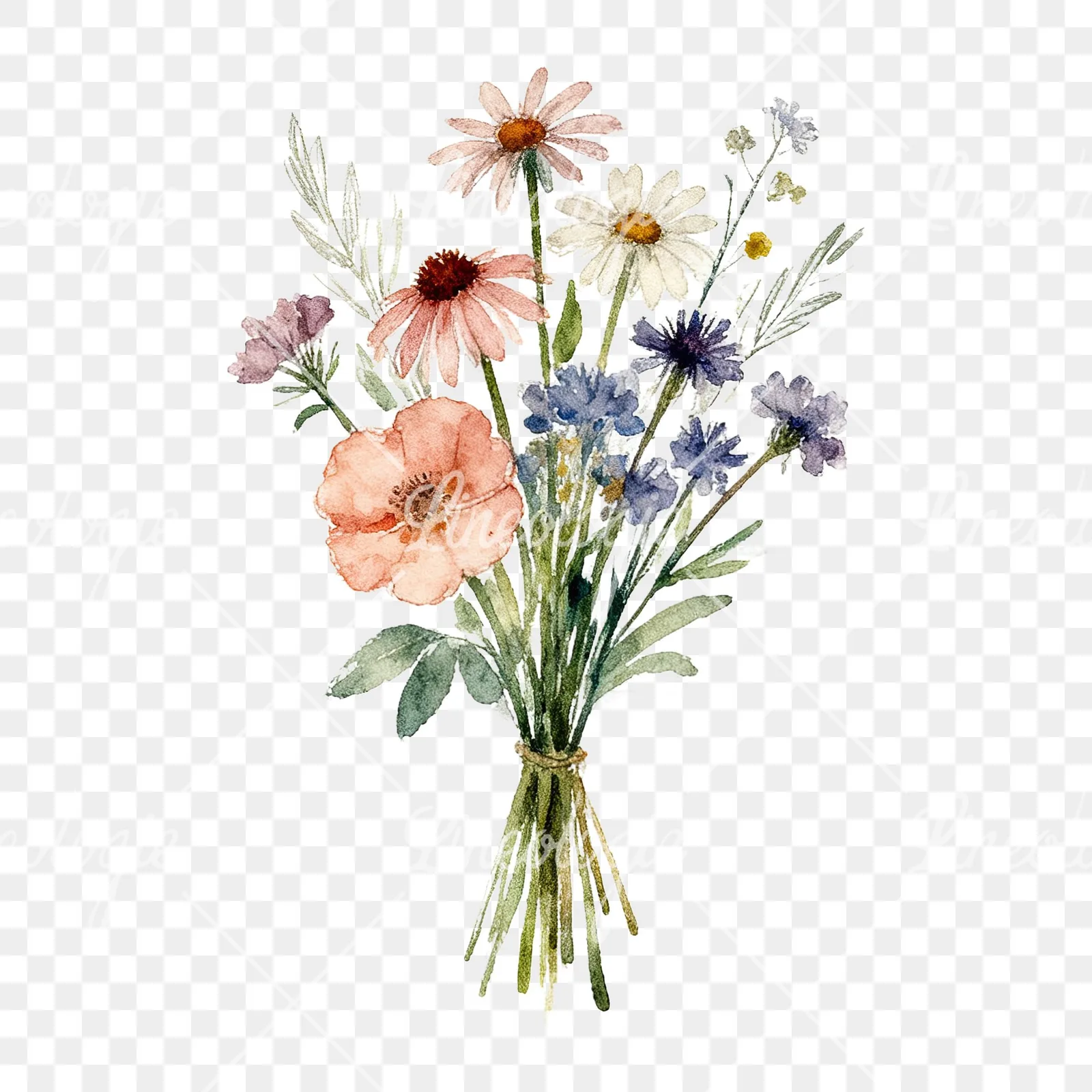 Watercolor loose summer meadow bouquet clipart 9 of 9 on a transparent background (PNG)