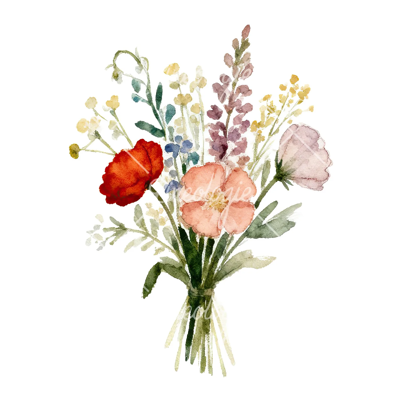 Watercolor summer meadow bouquet with cornflowers clipart 1 of 9 on a white background (JPG)