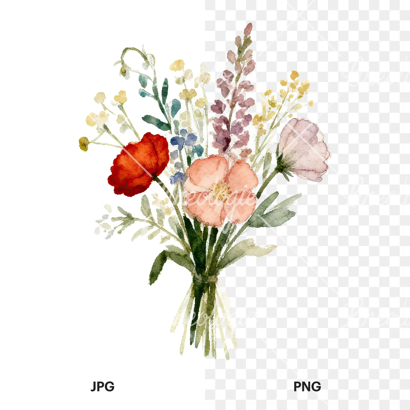 Watercolor summer meadow bouquet with cornflowers clipart 1 of 9, as a JPG on white and a transparent PNG