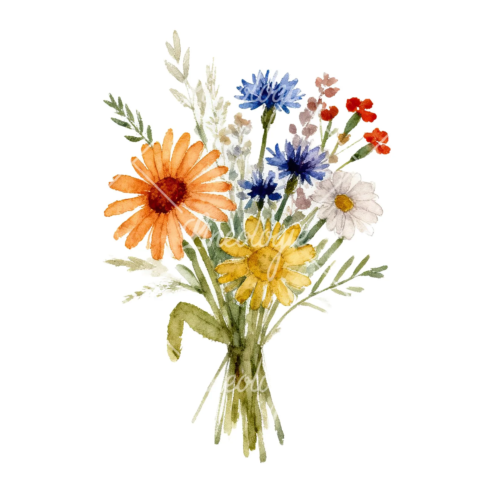 Watercolor summer meadow bouquet with cornflowers clipart 2 of 9 on a white background (JPG)