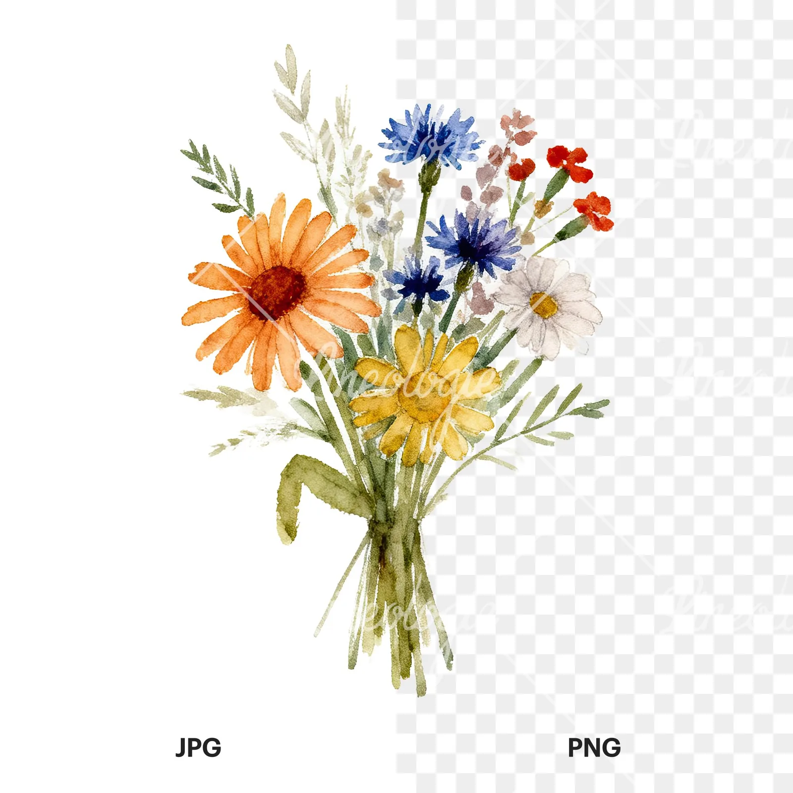 Watercolor summer meadow bouquet with cornflowers clipart 2 of 9, as a JPG on white and a transparent PNG