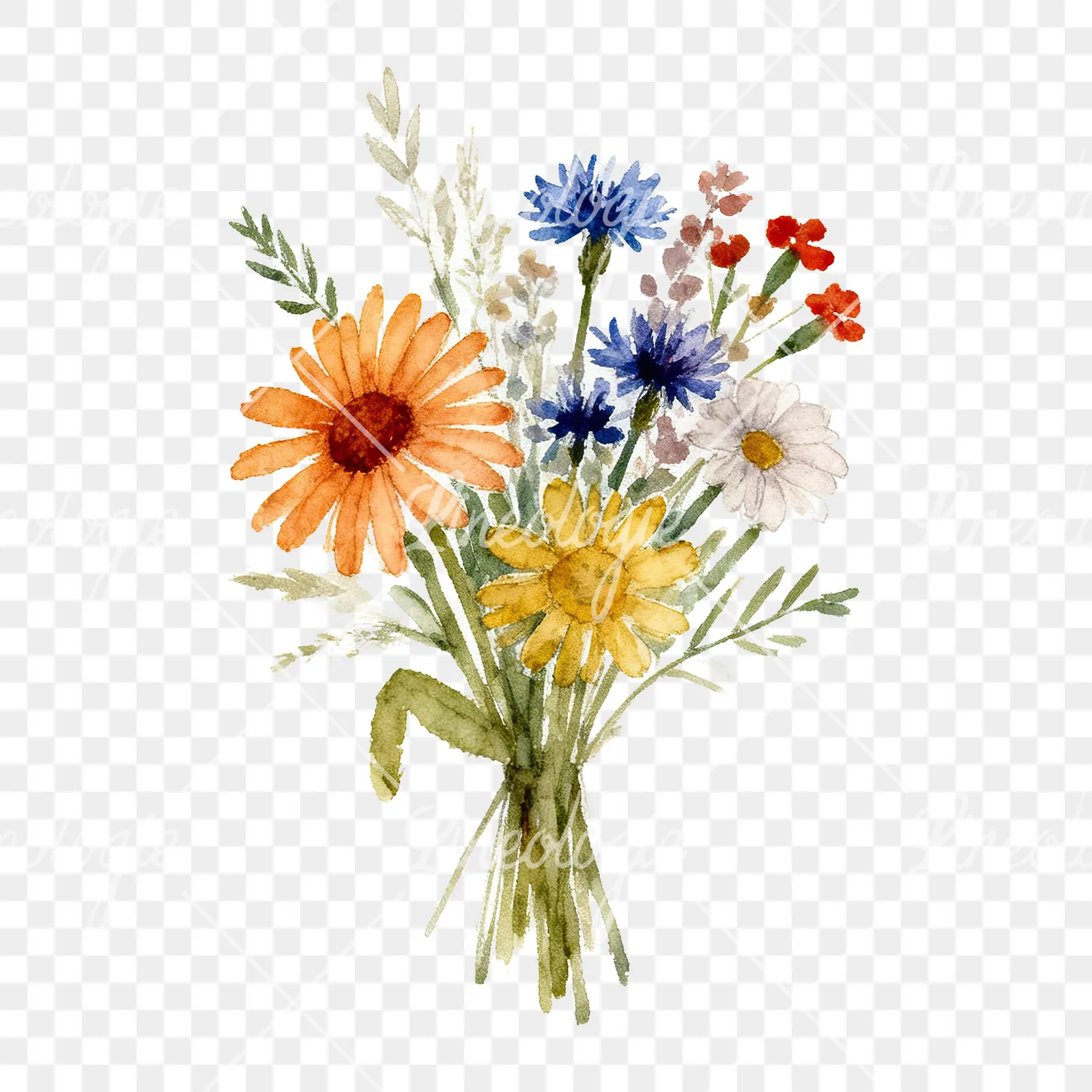 Watercolor summer meadow bouquet with cornflowers clipart 2 of 9 on a transparent background (PNG)