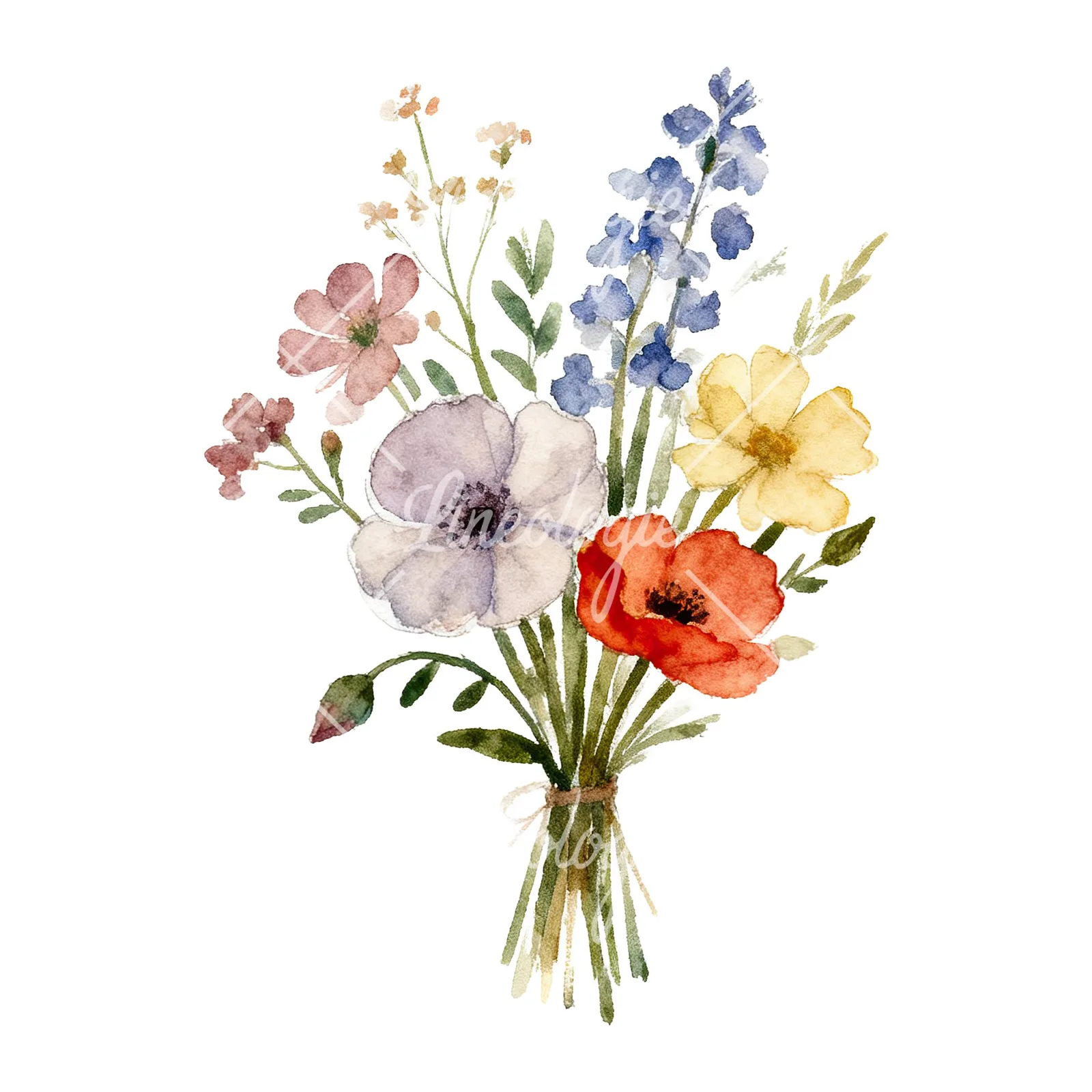 Watercolor summer meadow bouquet with cornflowers clipart 3 of 9 on a white background (JPG)