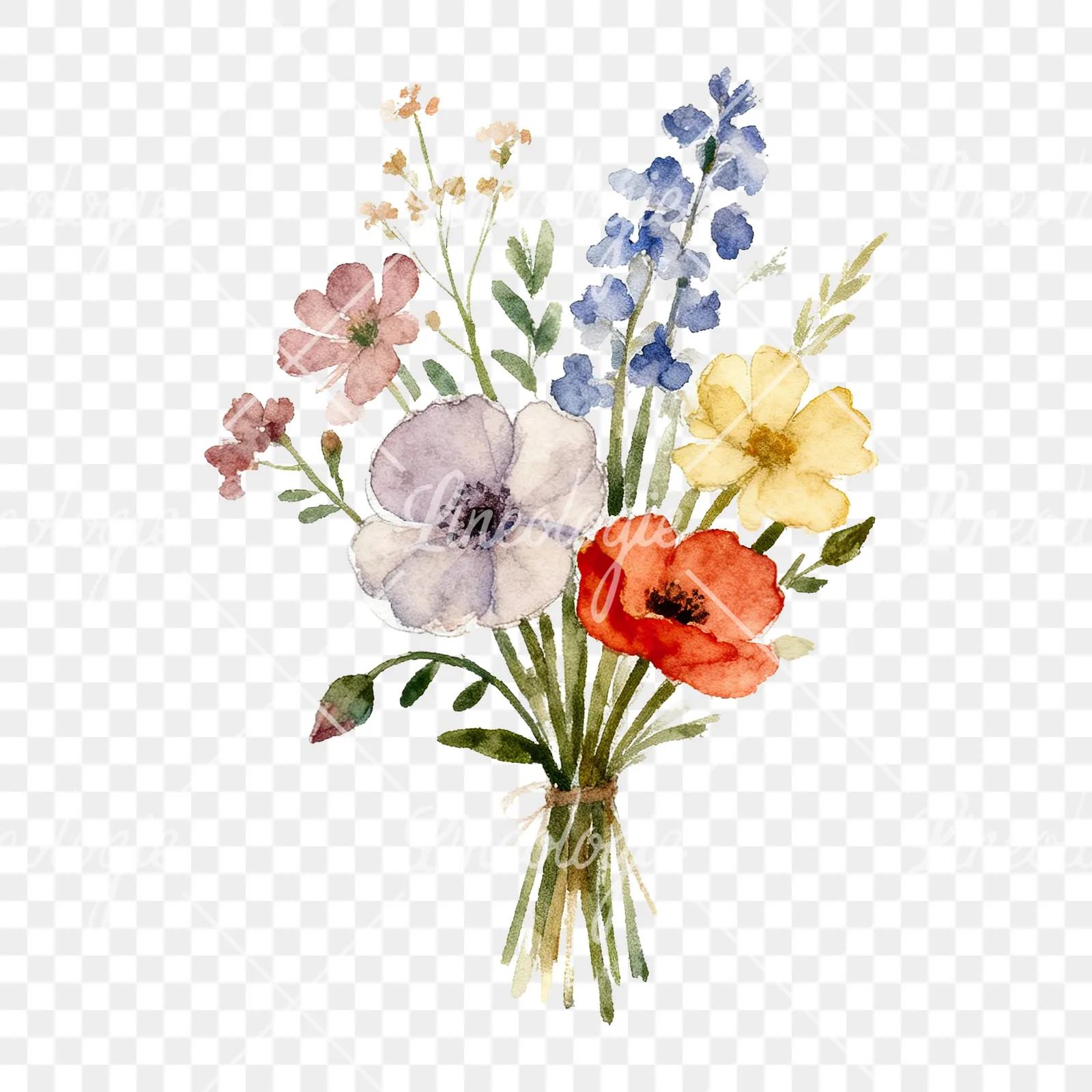 Watercolor summer meadow bouquet with cornflowers clipart 3 of 9 on a transparent background (PNG)