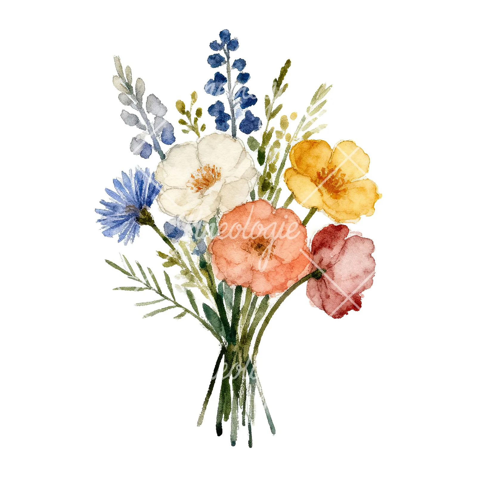 Watercolor summer meadow bouquet with cornflowers clipart 4 of 9 on a white background (JPG)