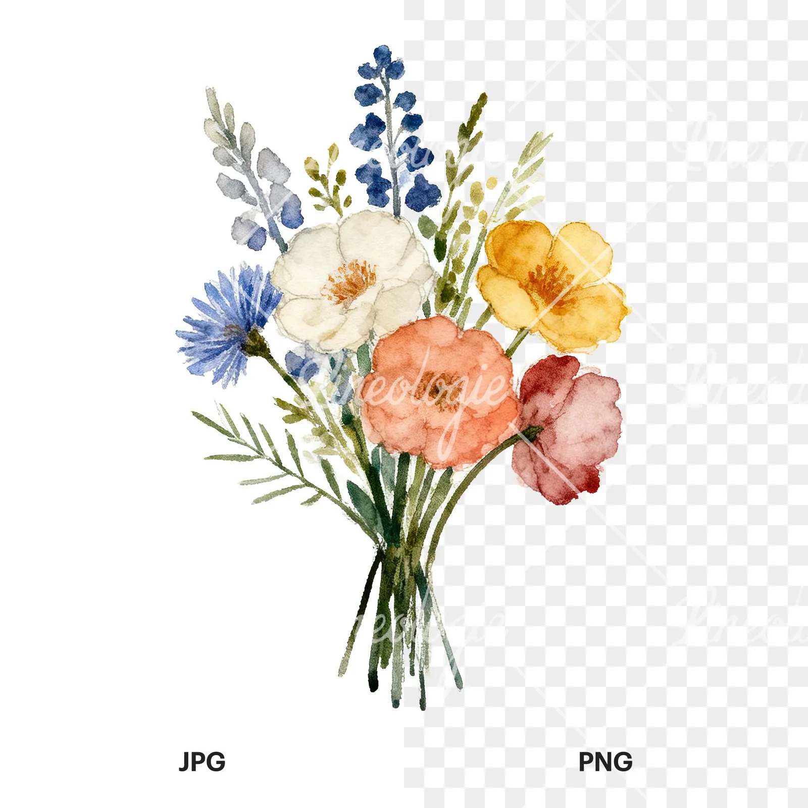 Watercolor summer meadow bouquet with cornflowers clipart 4 of 9, as a JPG on white and a transparent PNG