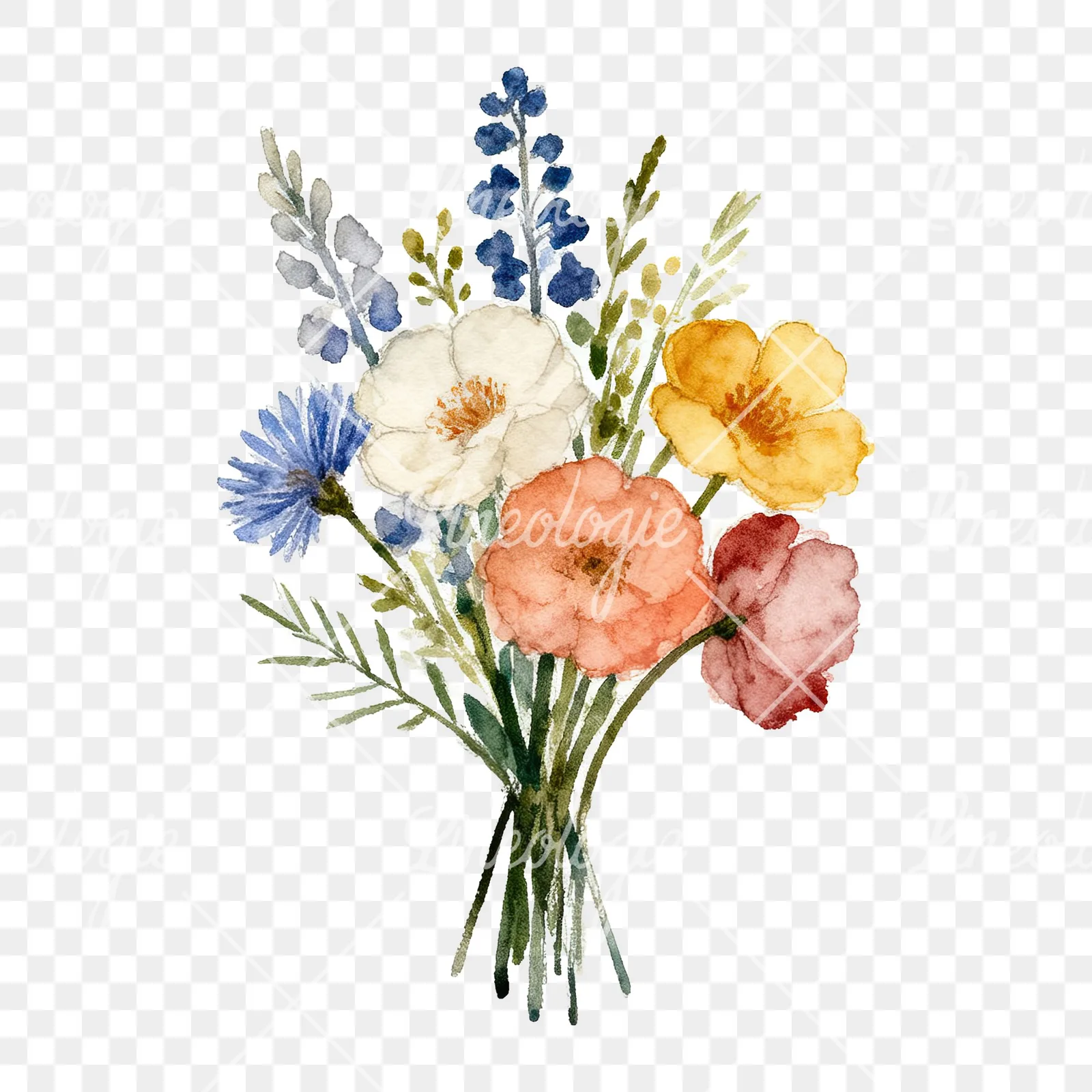Watercolor summer meadow bouquet with cornflowers clipart 4 of 9 on a transparent background (PNG)